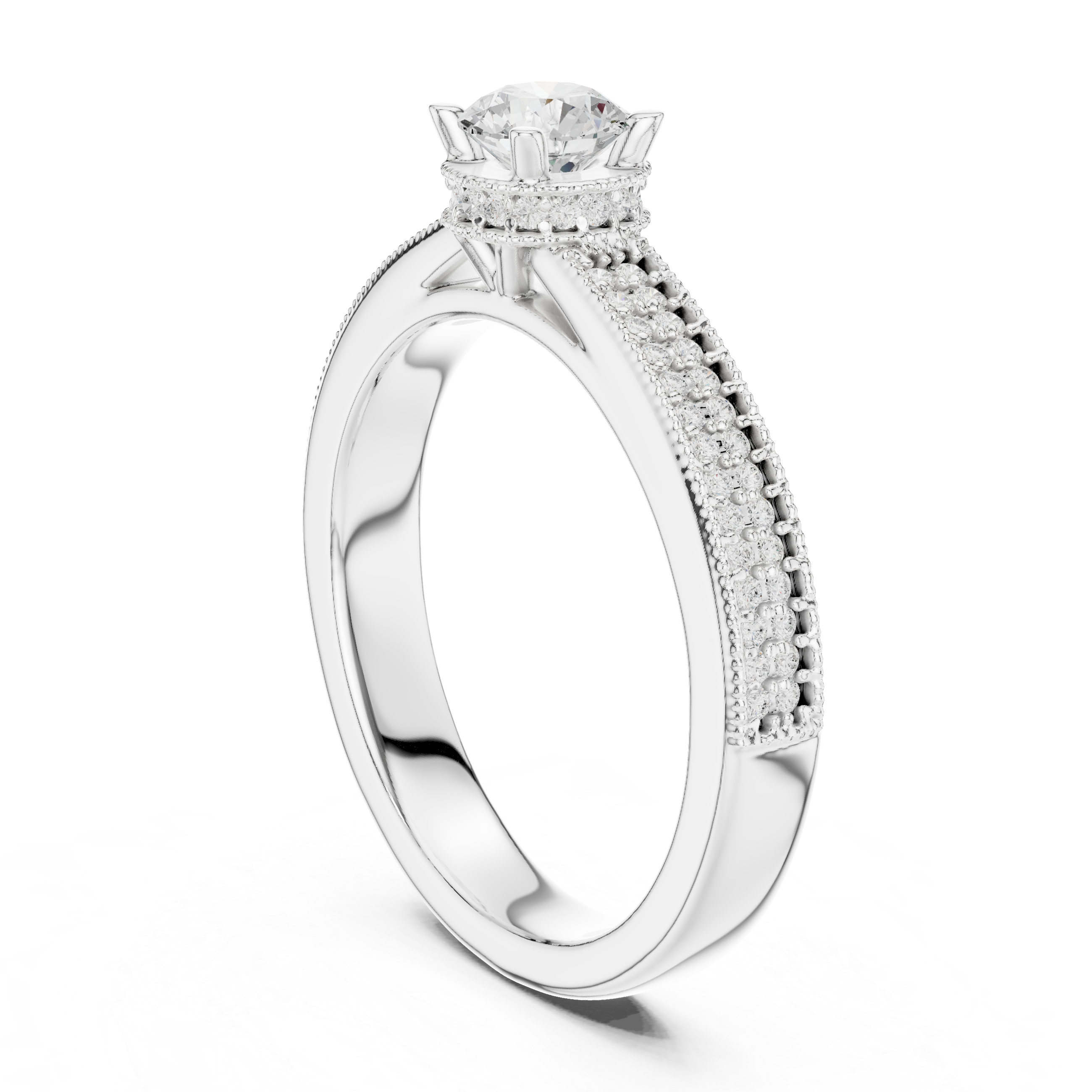 Round Cut Diamond Solitaire Engagement Ring With Pave Split Shank Side Stones