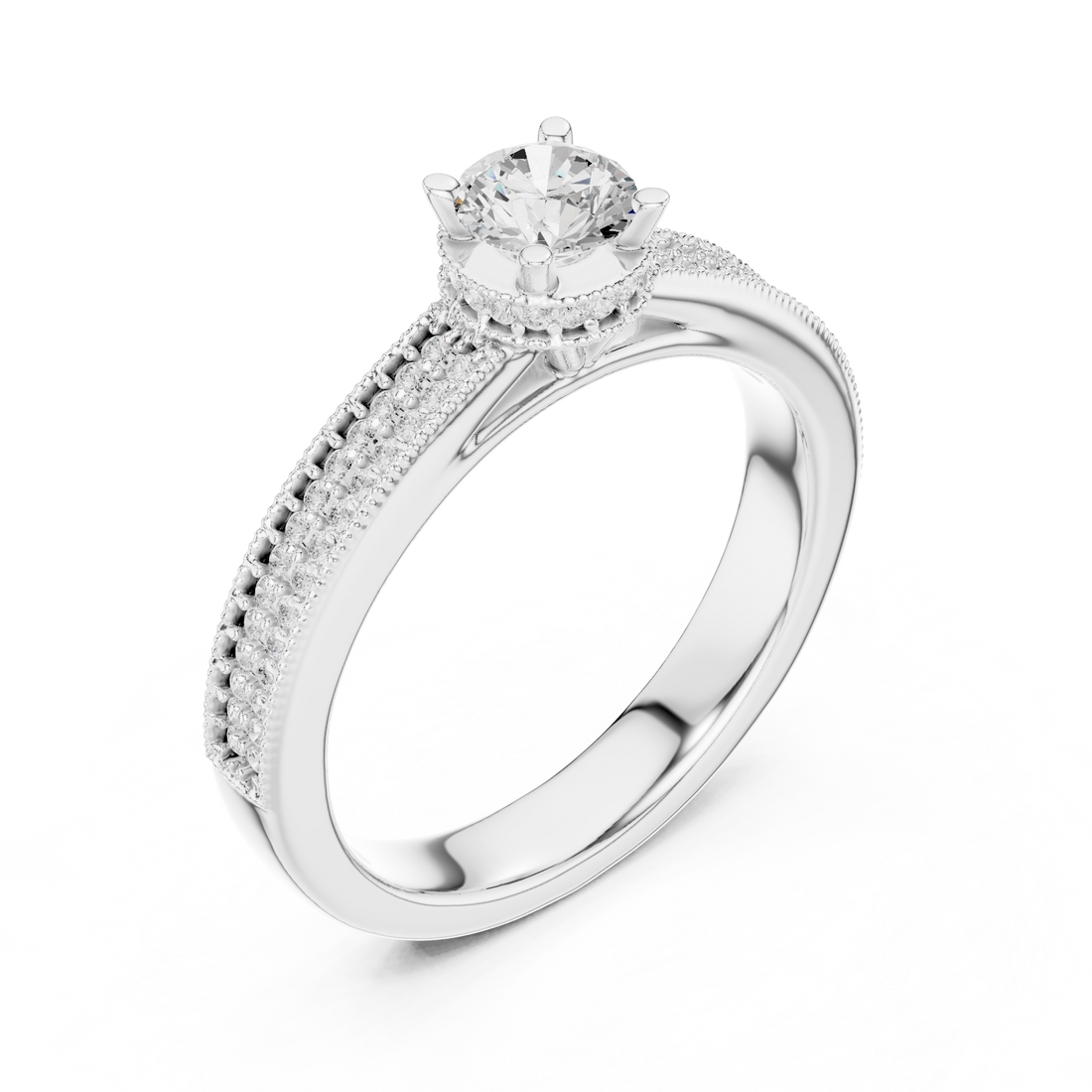 Round Cut Diamond Solitaire Engagement Ring With Pave Split Shank Side Stones