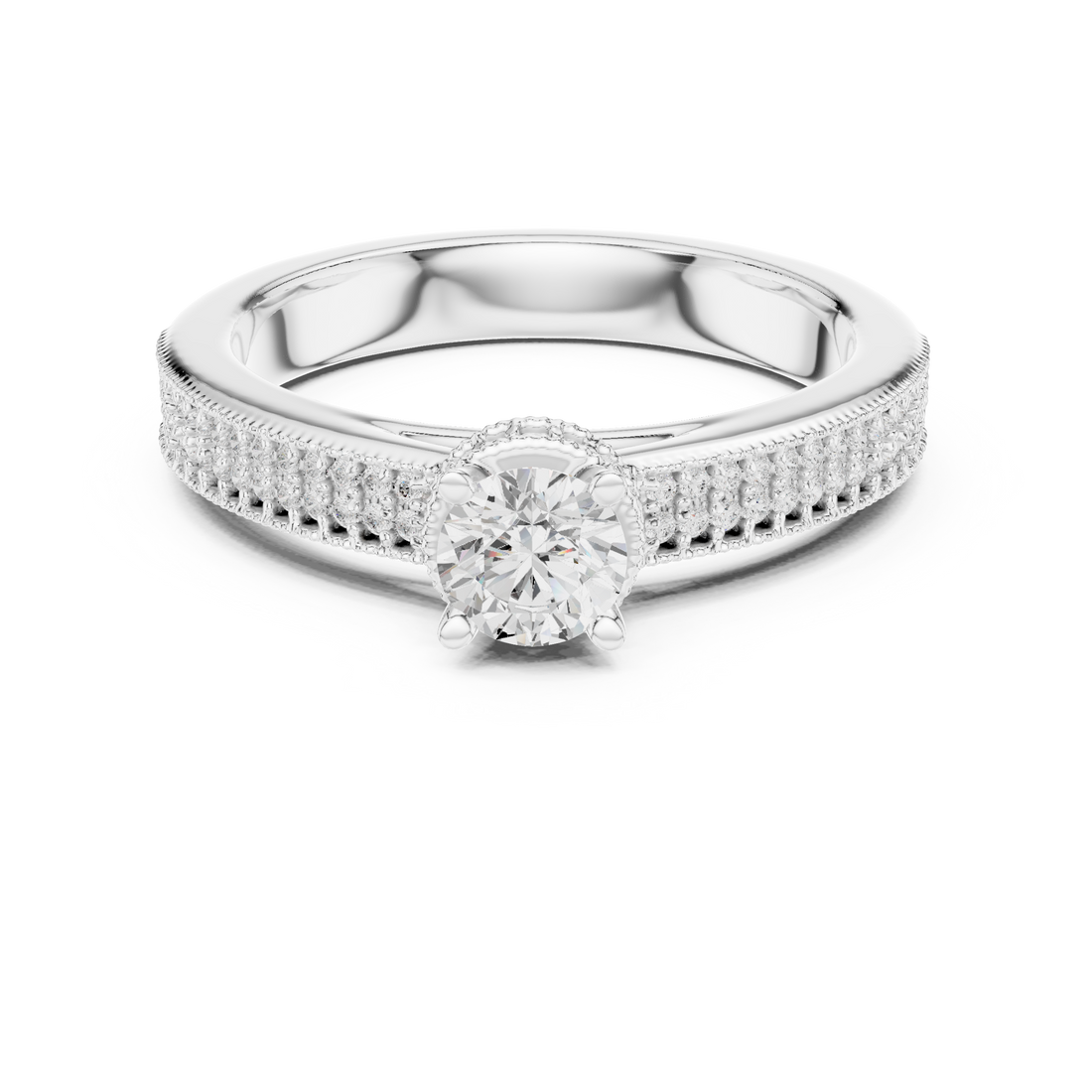 Round Cut Diamond Solitaire Engagement Ring With Pave Split Shank Side Stones