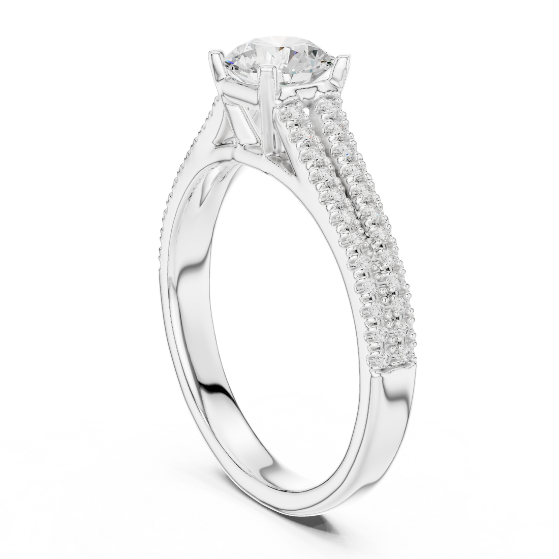 Round Cut Diamond Double Row Pavé Solitaire Engagement Ring Timeless Bridal Elegance