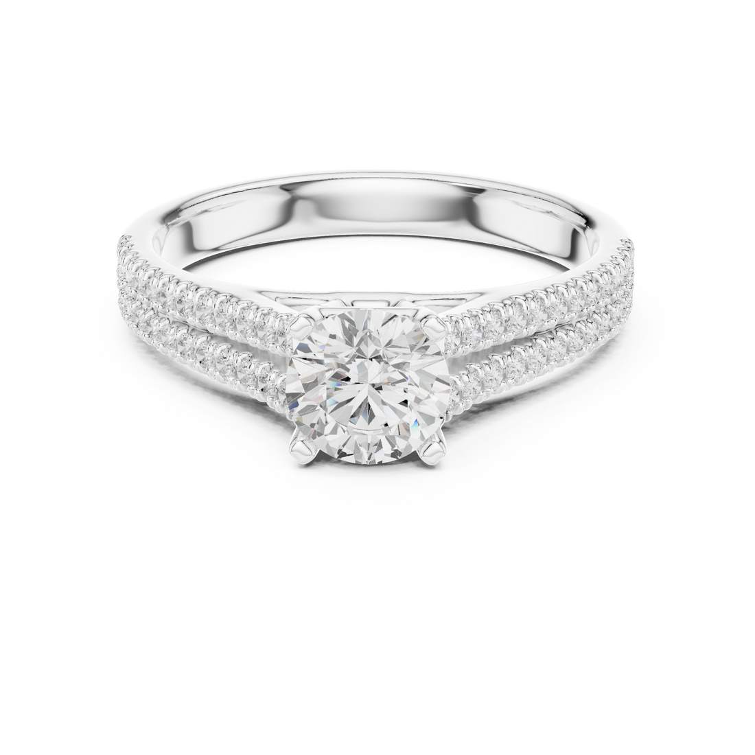 Round Cut Diamond Double Row Pavé Solitaire Engagement Ring Timeless Bridal Elegance