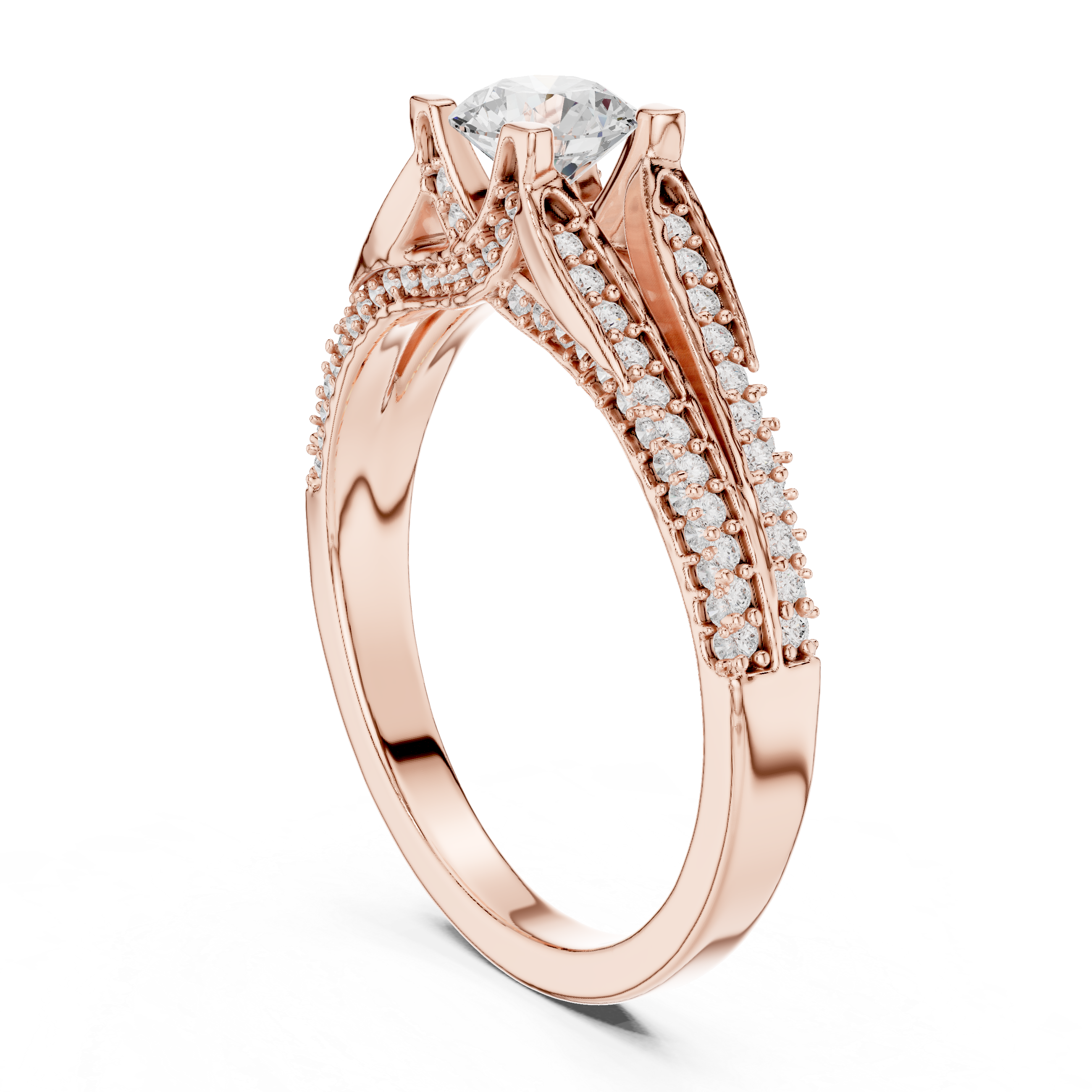 Round Cut Diamond Twist Split Shank Pavé Solitaire Engagement Ring Timeless Elegance