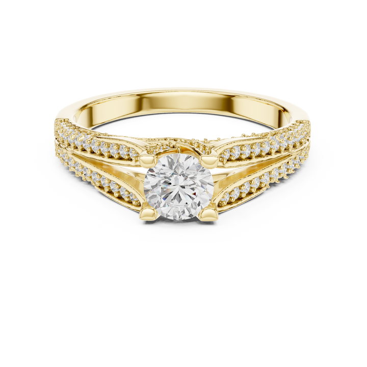 Round Cut Diamond Twist Split Shank Pavé Solitaire Engagement Ring Timeless Elegance