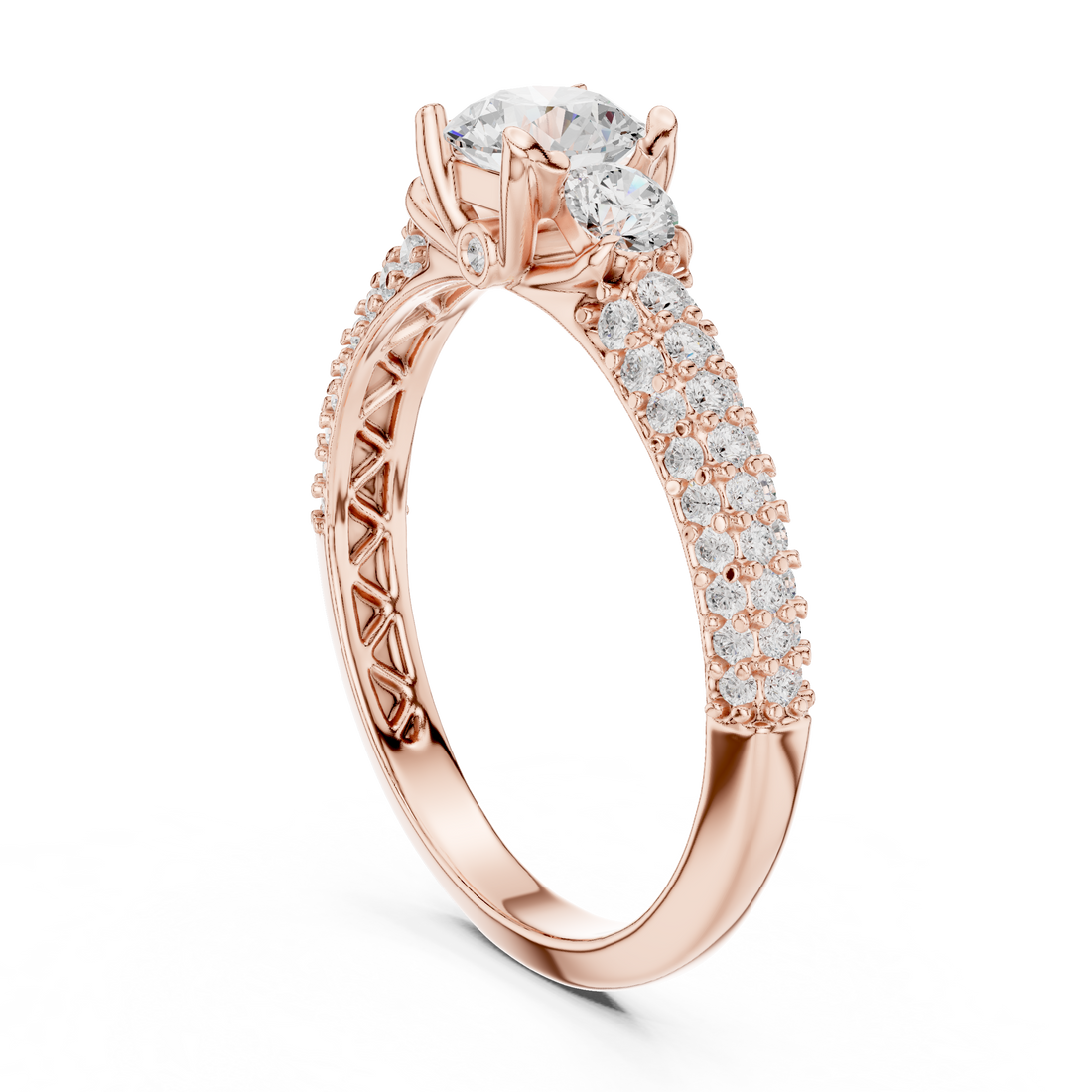 Round Brilliant Diamond Three Stone Pavé Engagement Ring