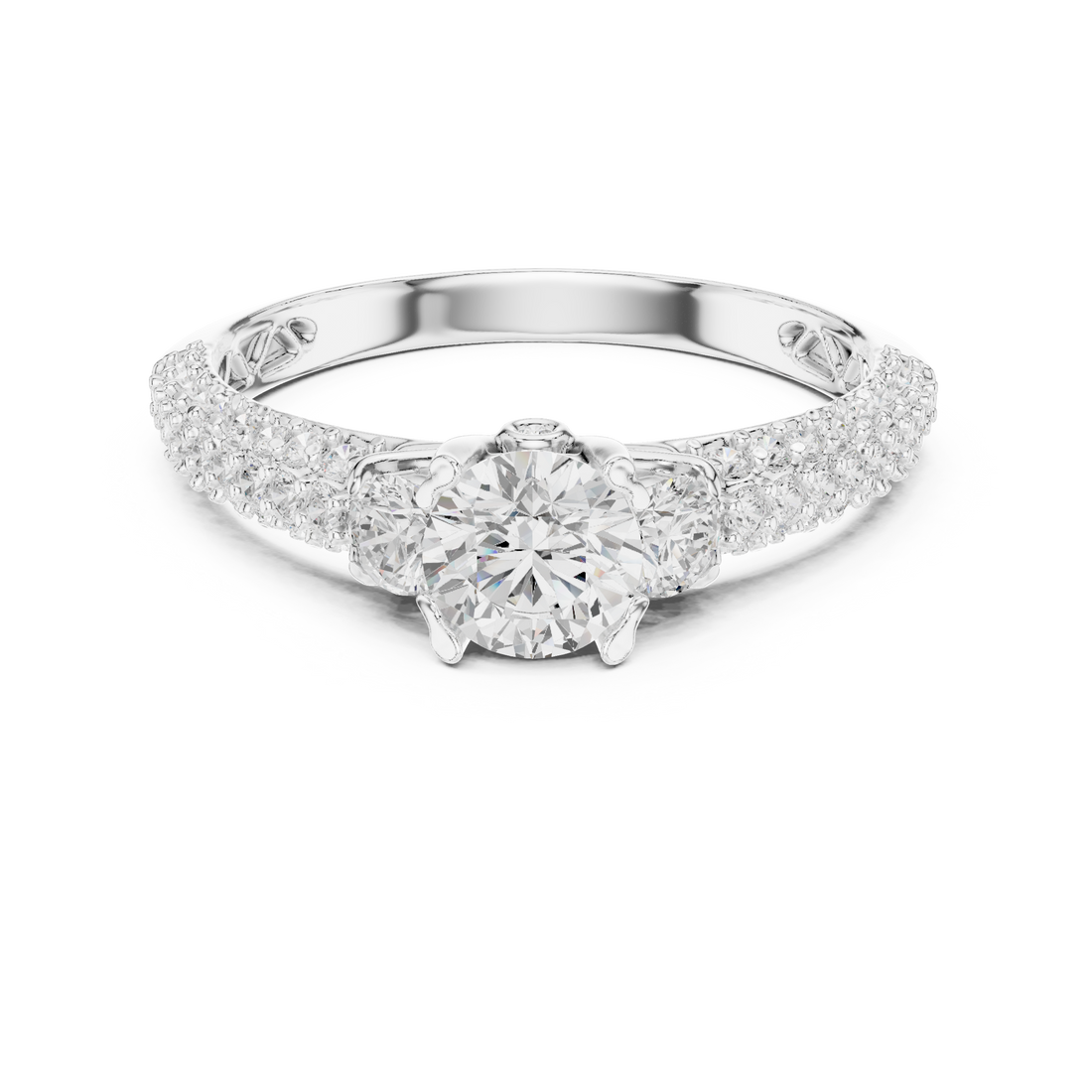 Round Brilliant Diamond Three Stone Pavé Engagement Ring