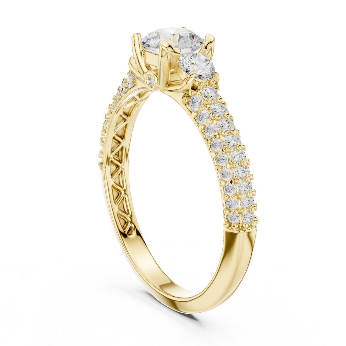 Round Brilliant Diamond Three Stone Pavé Engagement Ring