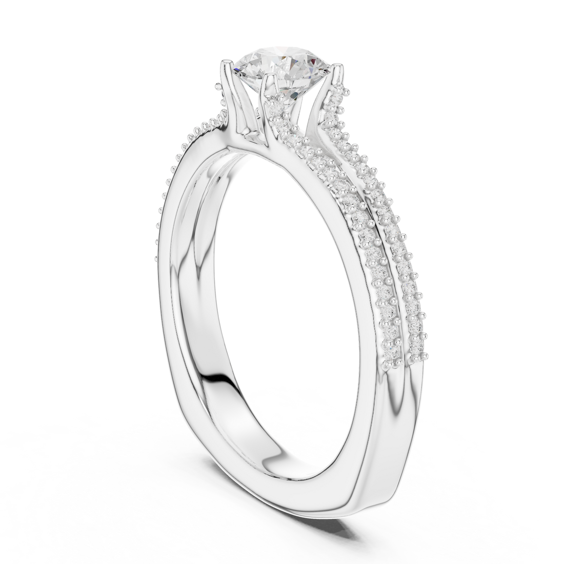 Round Brilliant Diamond Split Shank Pavé Solitaire Engagement Ring Classic Elegance