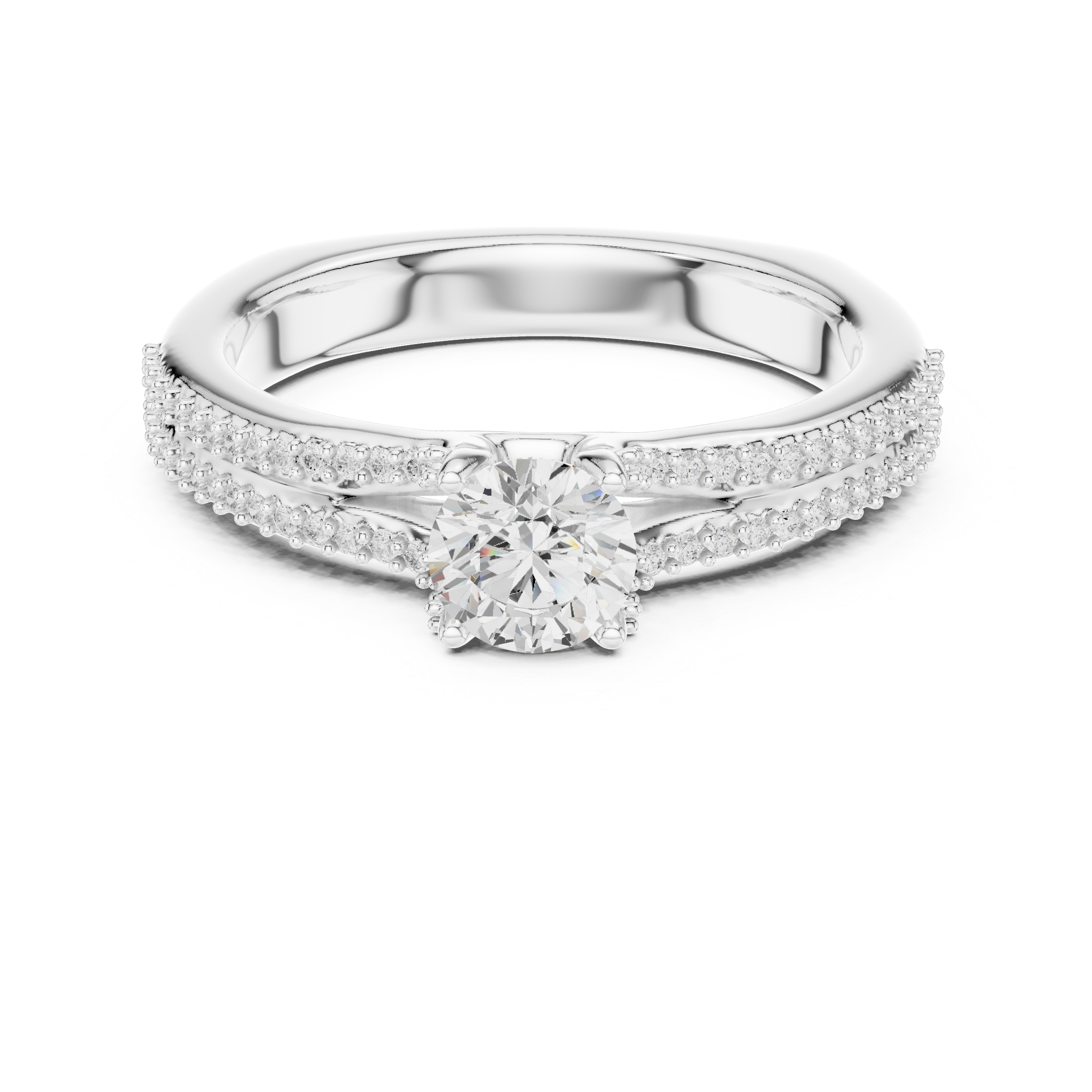 Round Brilliant Diamond Split Shank Pavé Solitaire Engagement Ring Classic Elegance