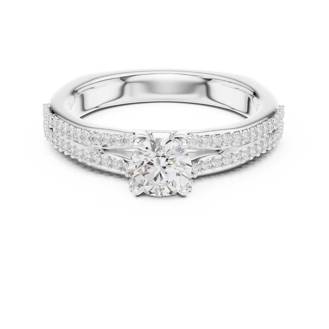 Round Brilliant Diamond Split Shank Pavé Solitaire Engagement Ring Classic Elegance