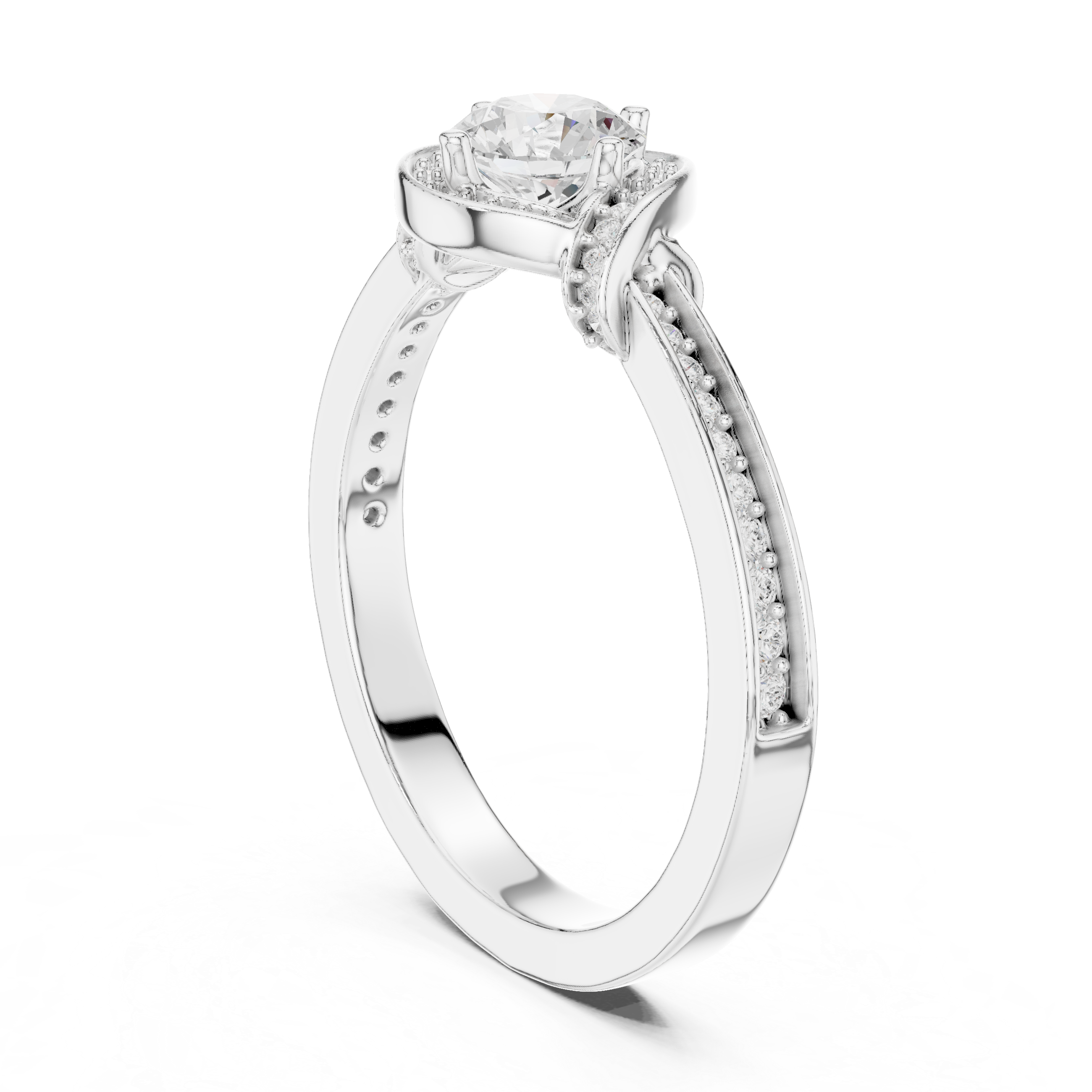 Round Brilliant Diamond Halo Pavé Solitaire Engagement Ring Elegant Curve