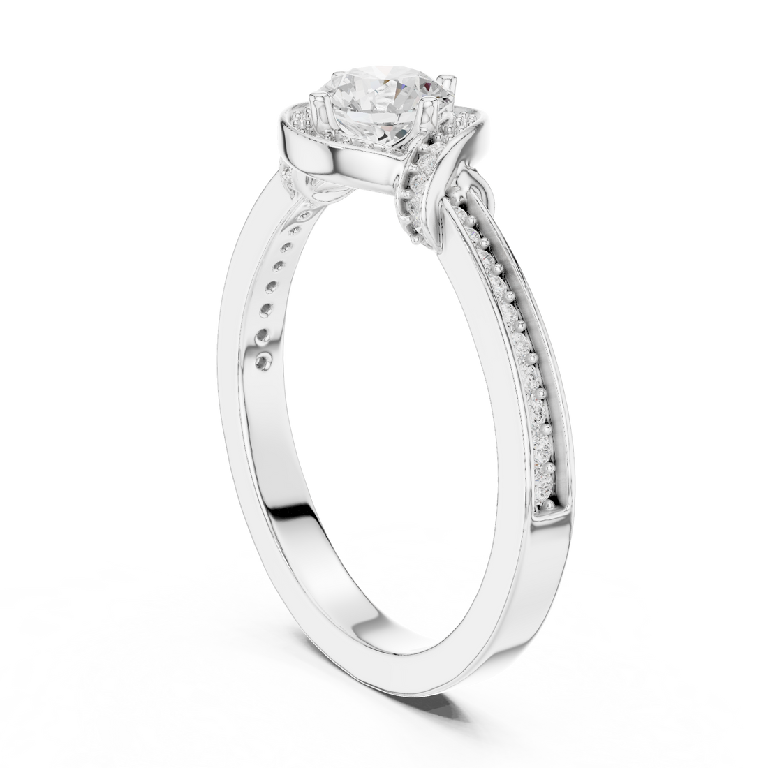 Round Brilliant Diamond Halo Pavé Solitaire Engagement Ring Elegant Curve