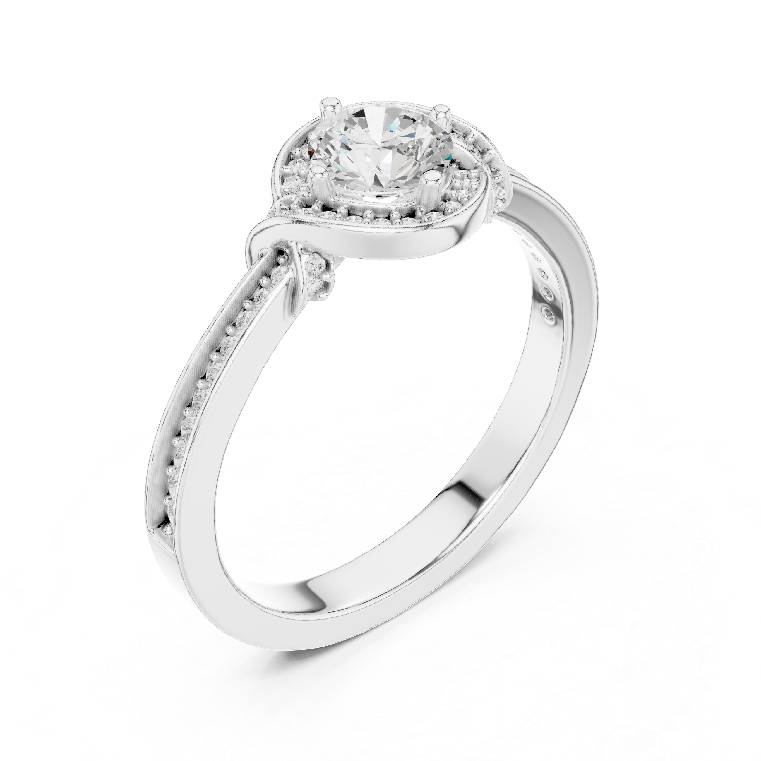 Round Brilliant Diamond Halo Pavé Solitaire Engagement Ring Elegant Curve