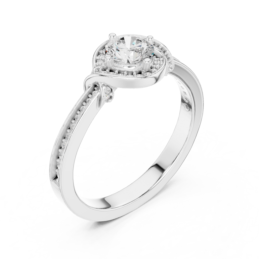 Round Brilliant Diamond Halo Pavé Solitaire Engagement Ring Elegant Curve