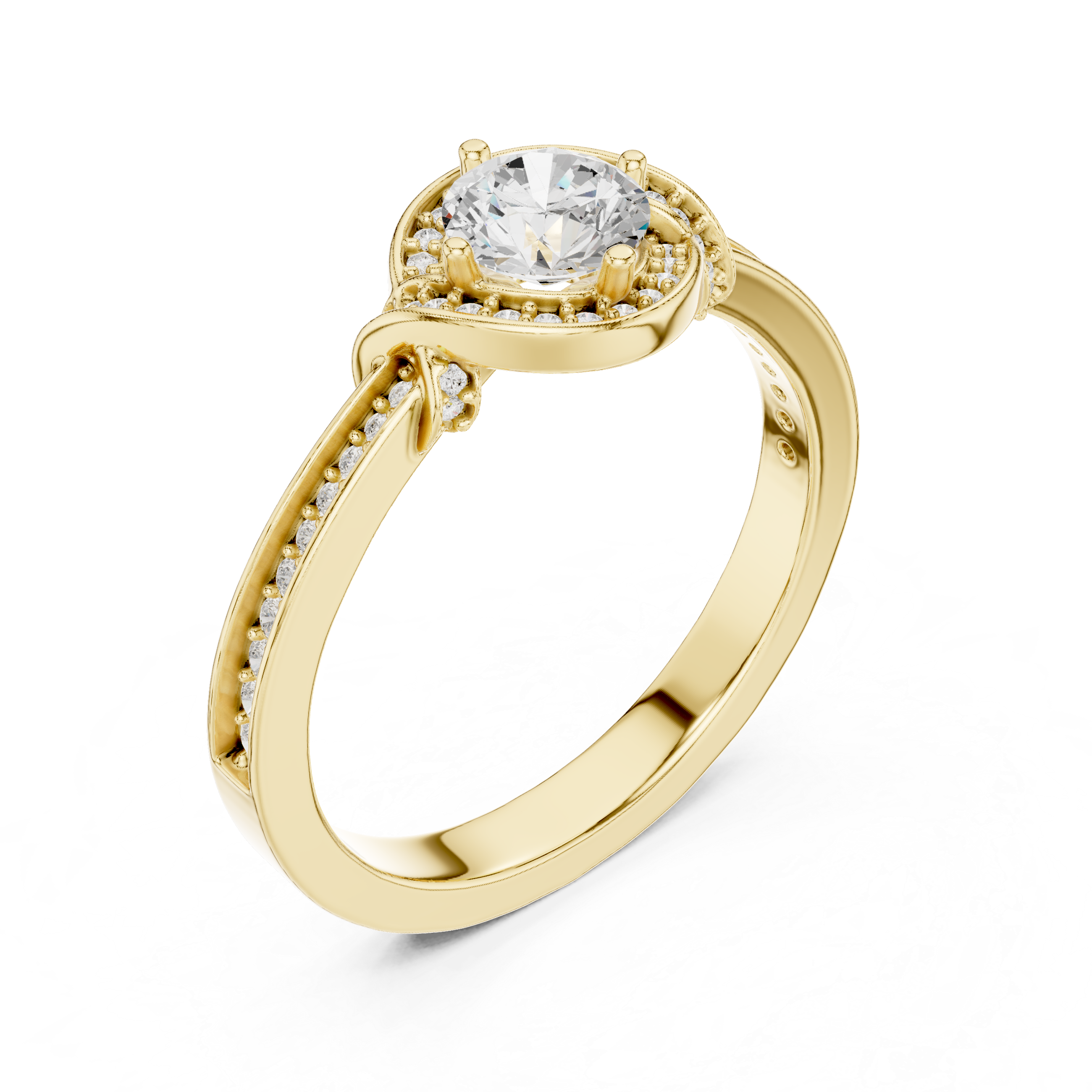 Round Brilliant Diamond Halo Pavé Solitaire Engagement Ring Elegant Curve