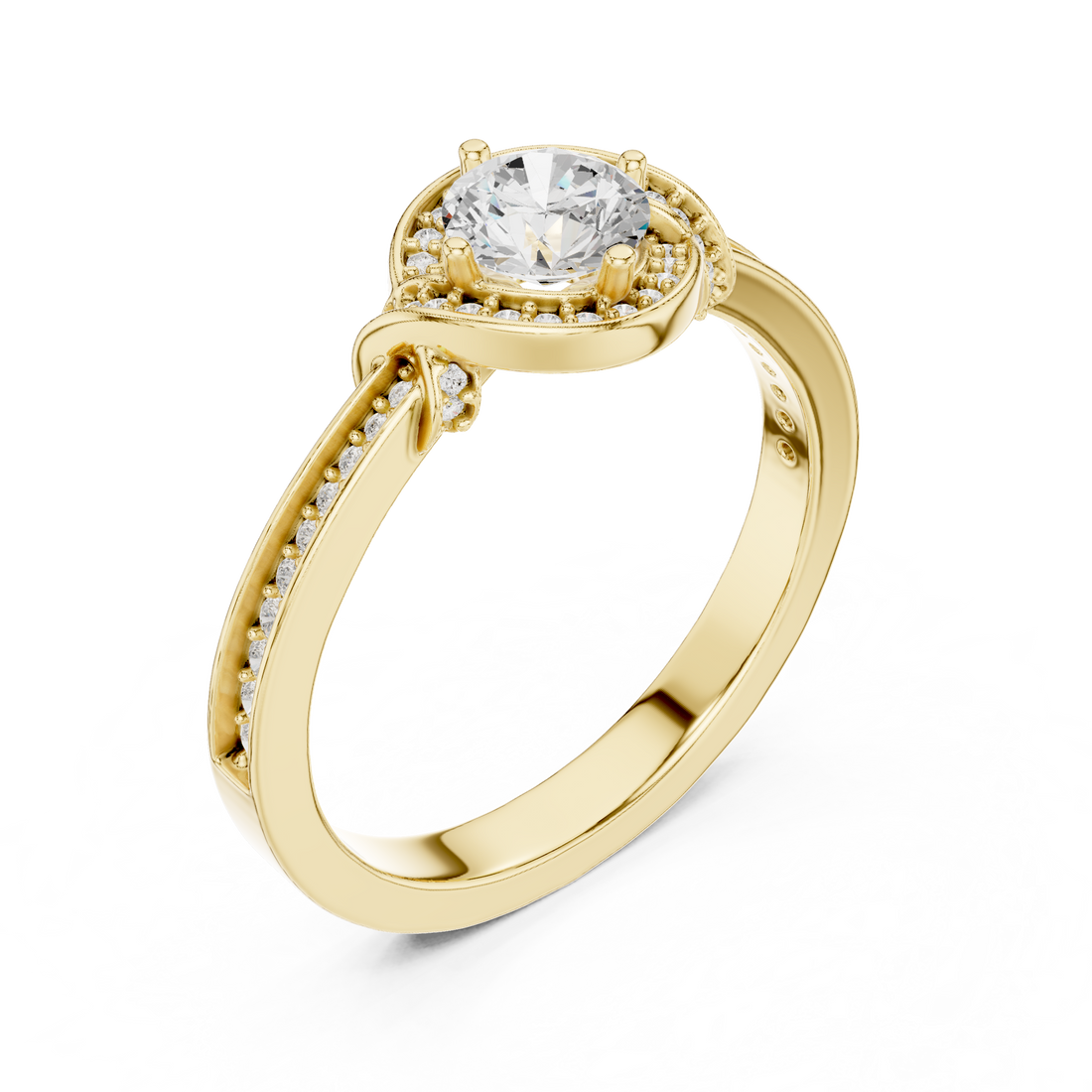 Round Brilliant Diamond Halo Pavé Solitaire Engagement Ring Elegant Curve