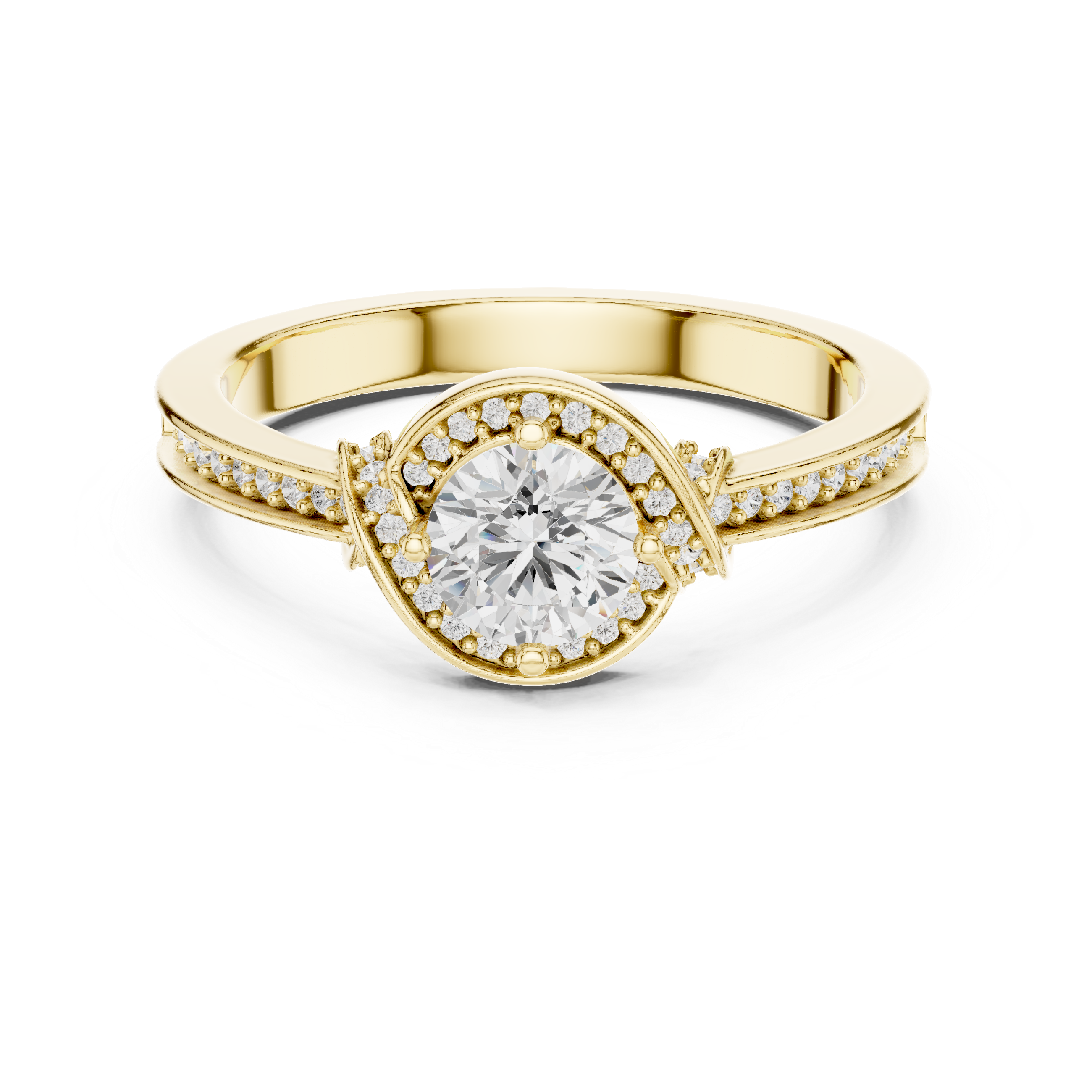 Round Brilliant Diamond Halo Pavé Solitaire Engagement Ring Elegant Curve