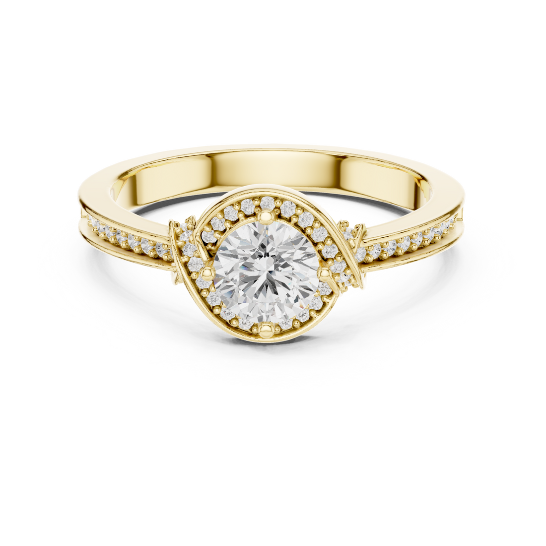 Round Brilliant Diamond Halo Pavé Solitaire Engagement Ring Elegant Curve