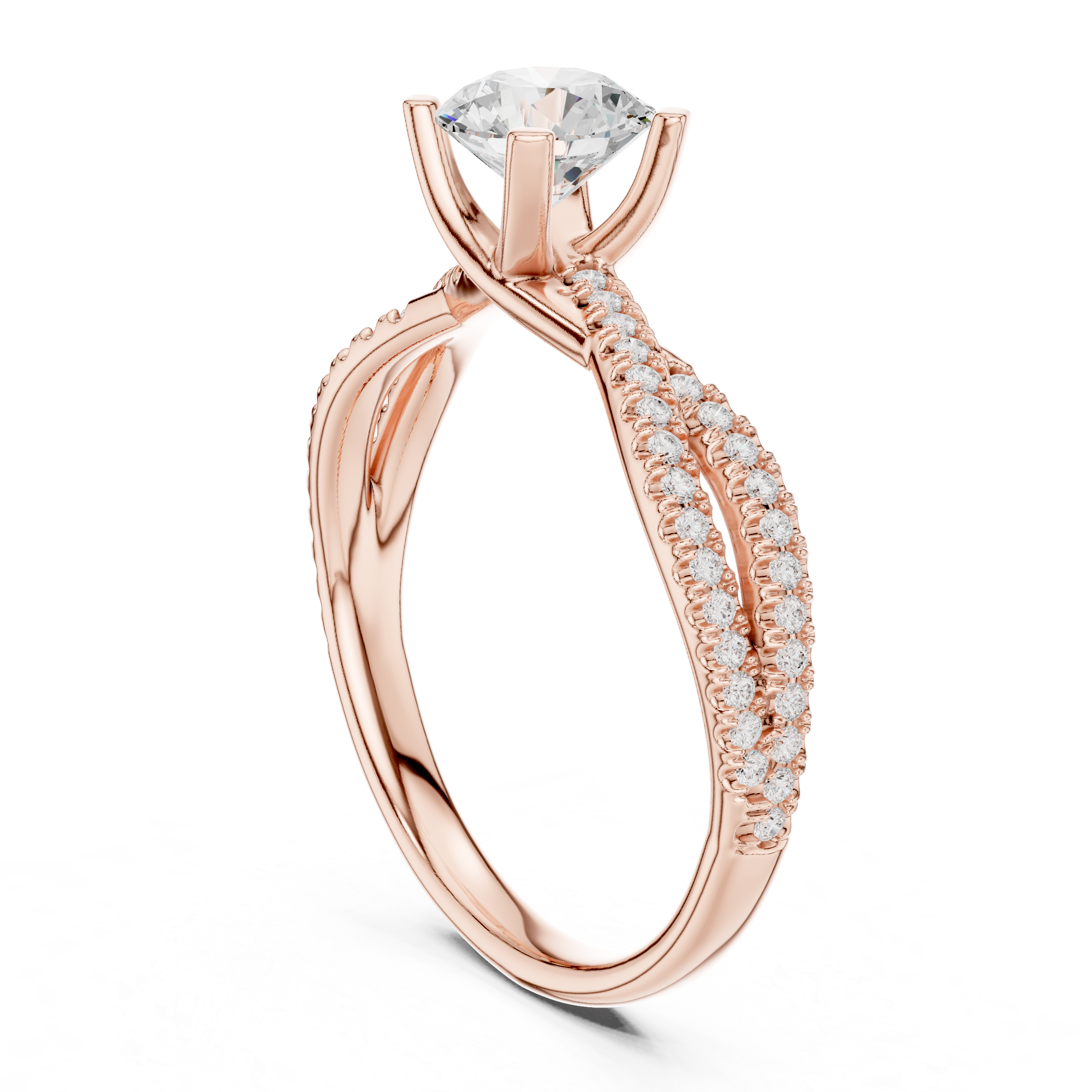 Round Brilliant Diamond Twist Split Shank Pavé Solitaire Engagement Ring Luxe Flow