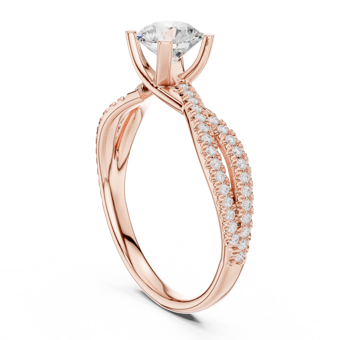 Round Brilliant Diamond Twist Split Shank Pavé Solitaire Engagement Ring Luxe Flow