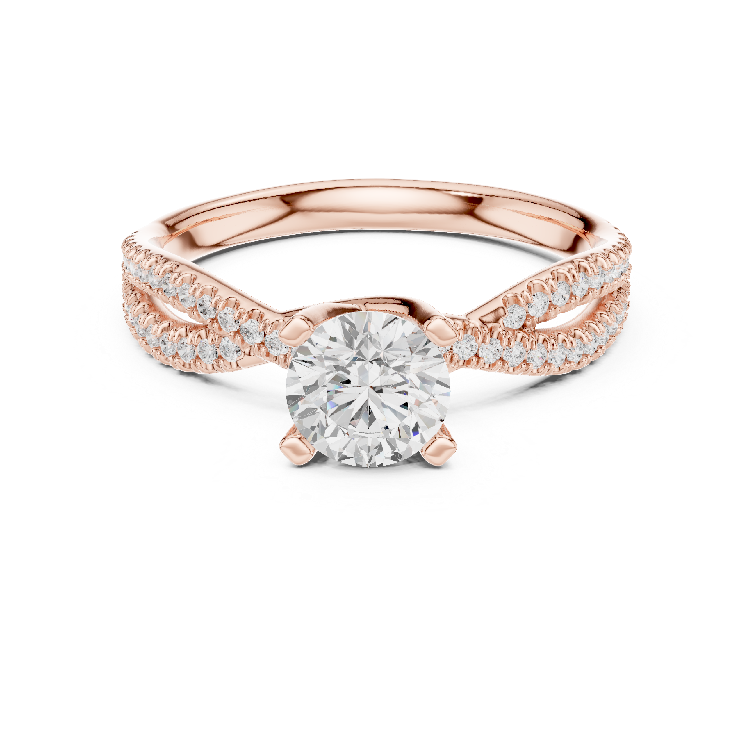 Round Brilliant Diamond Twist Split Shank Pavé Solitaire Engagement Ring Luxe Flow