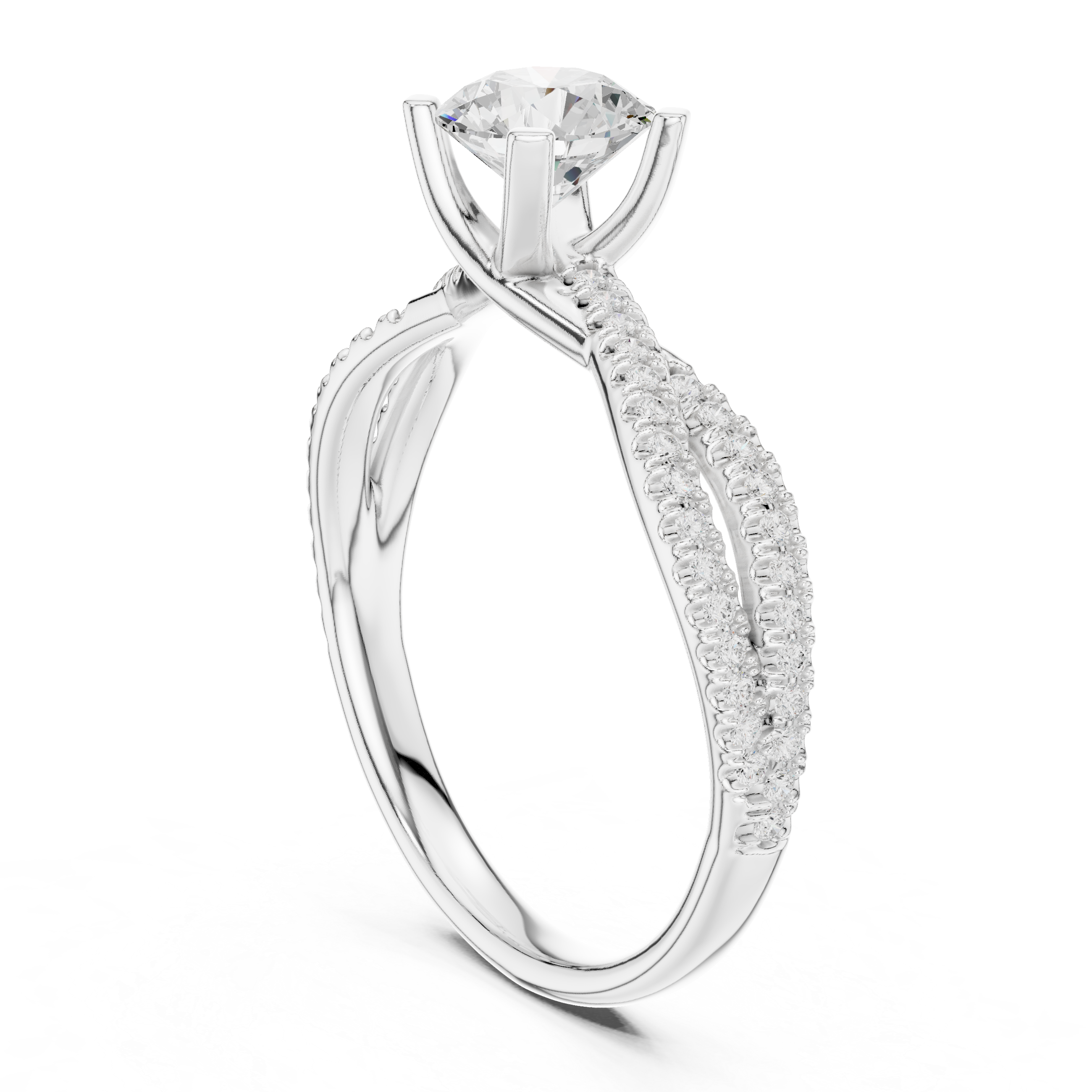 Round Brilliant Diamond Twist Split Shank Pavé Solitaire Engagement Ring Luxe Flow