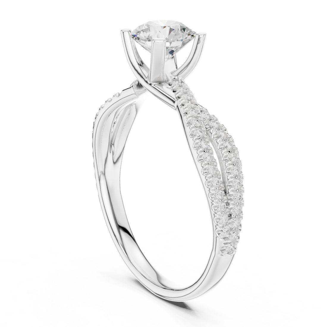 Round Brilliant Diamond Twist Split Shank Pavé Solitaire Engagement Ring Luxe Flow