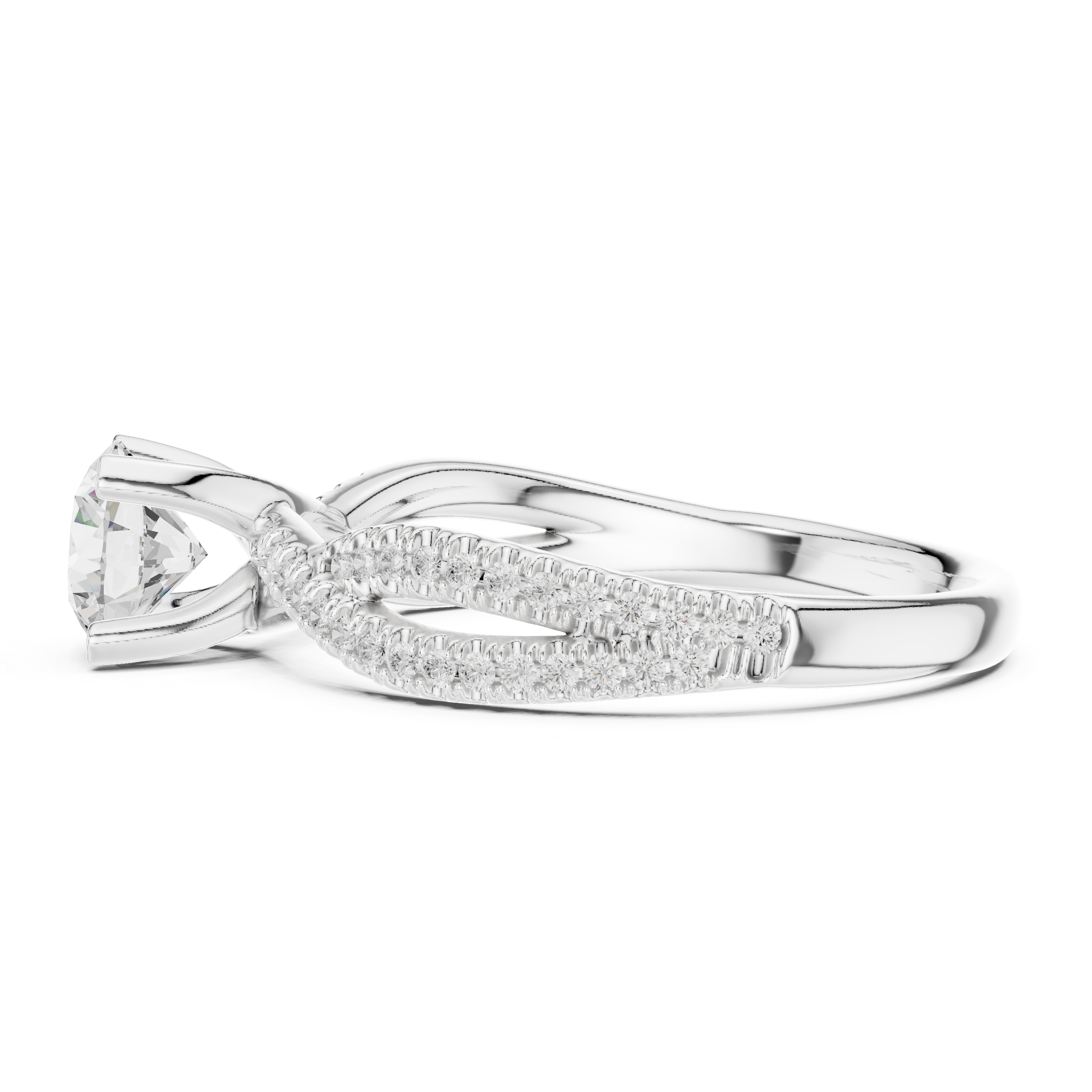 Round Brilliant Diamond Twist Split Shank Pavé Solitaire Engagement Ring Luxe Flow