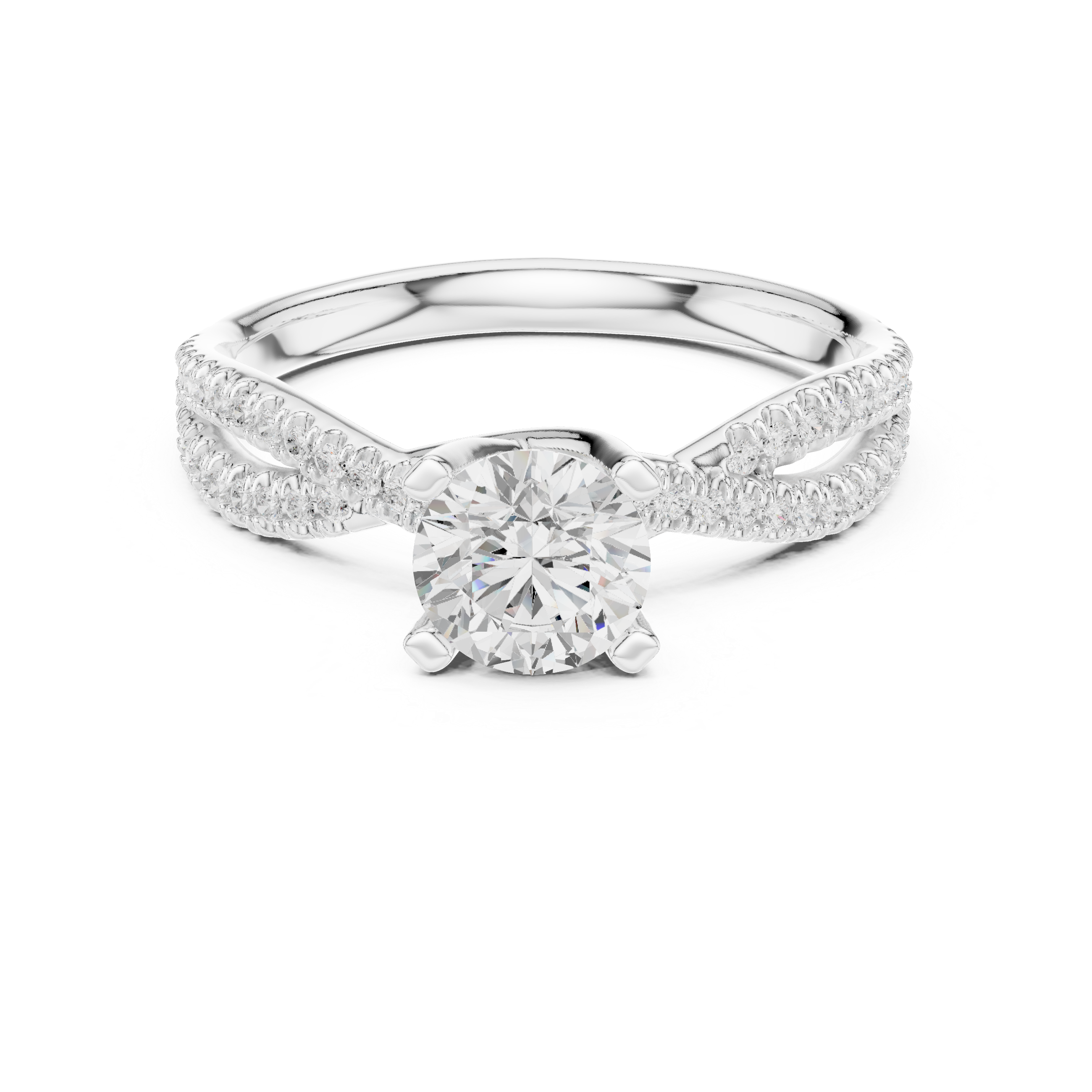 Round Brilliant Diamond Twist Split Shank Pavé Solitaire Engagement Ring Luxe Flow