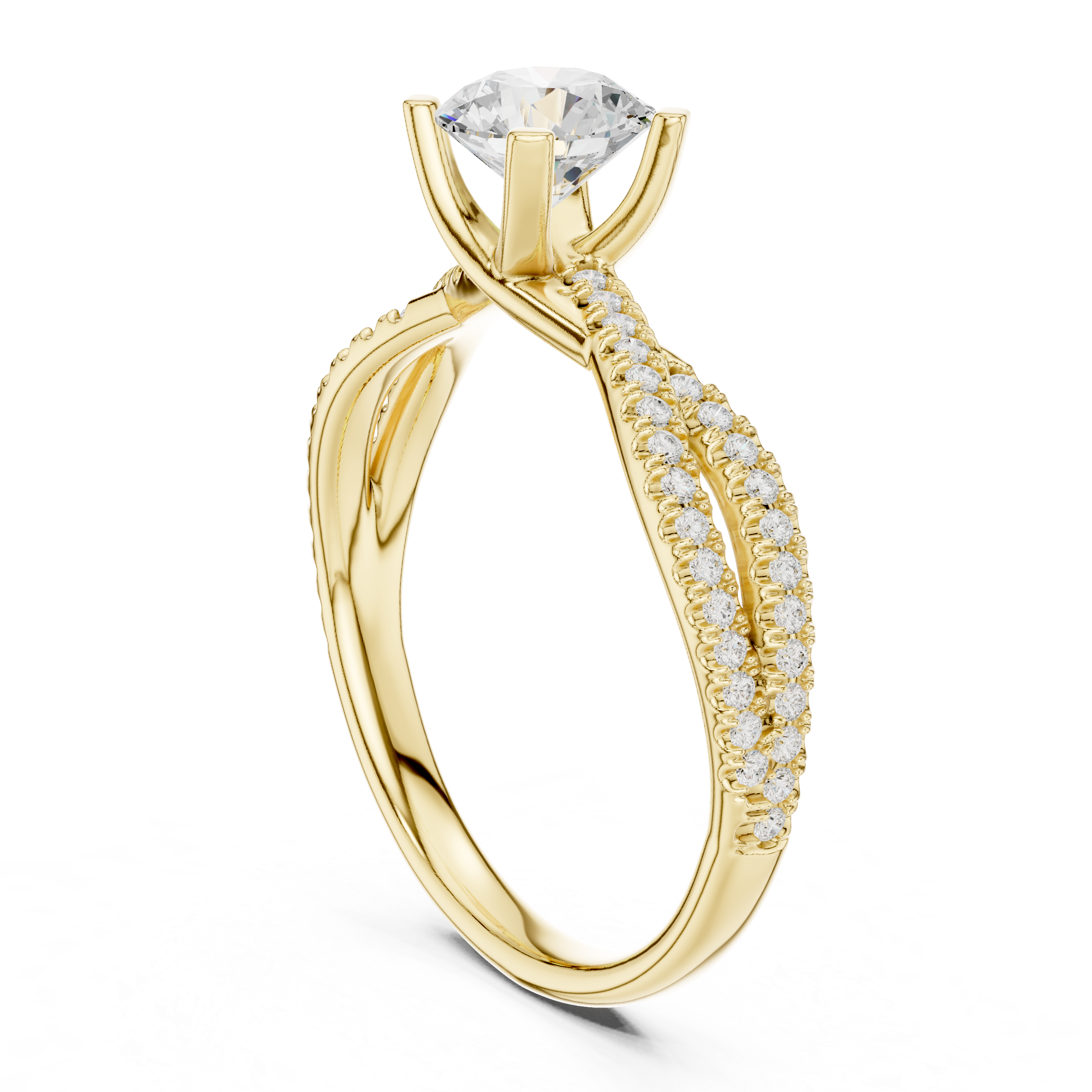 Round Brilliant Diamond Twist Split Shank Pavé Solitaire Engagement Ring Luxe Flow