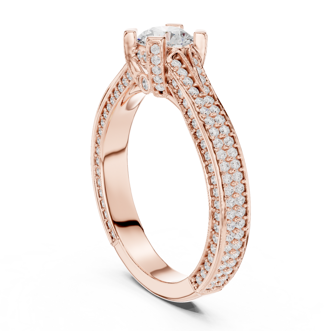 Round Brilliant Diamond Double Row Pavé Solitaire Engagement Ring Classic Lustre