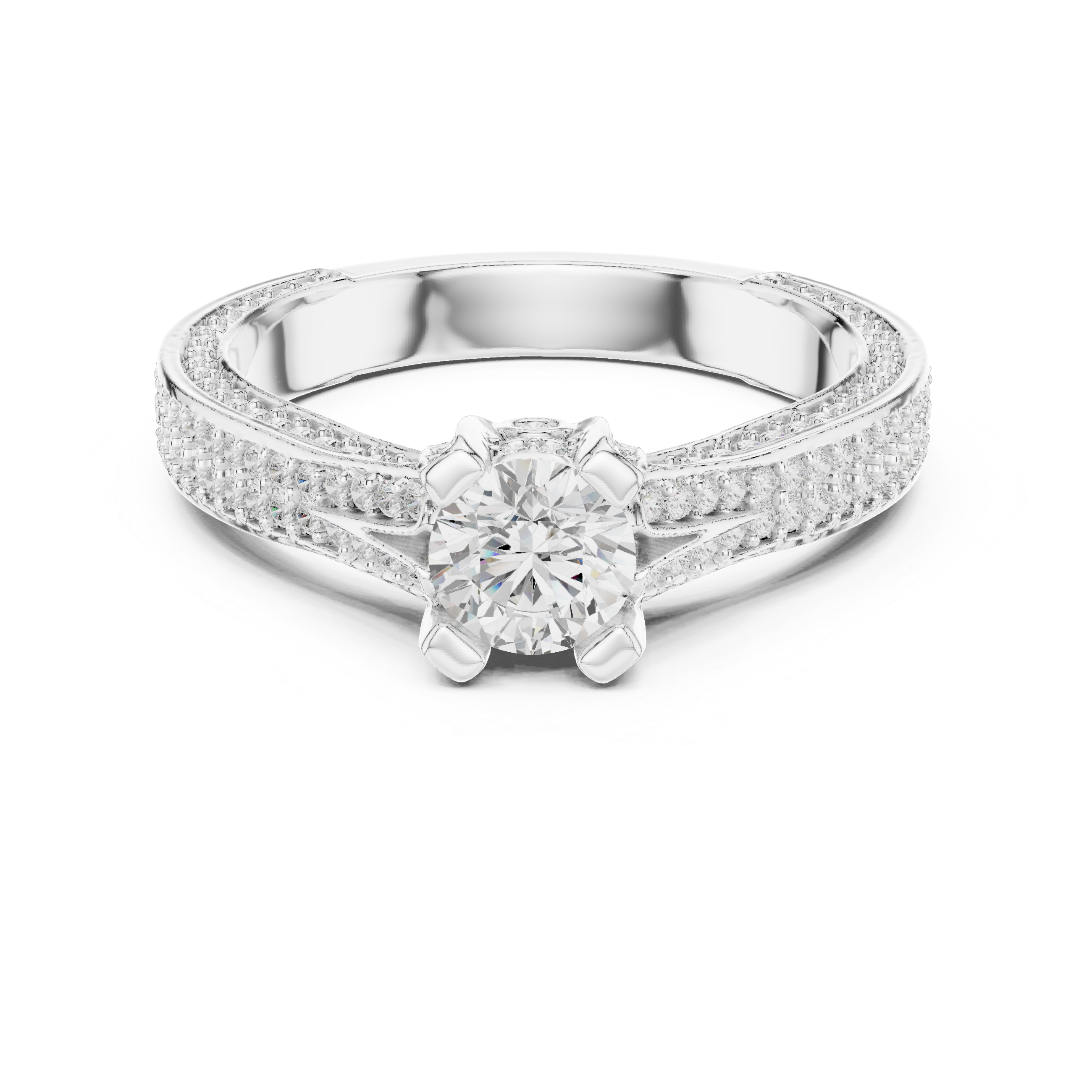Round Brilliant Diamond Double Row Pavé Solitaire Engagement Ring Classic Lustre