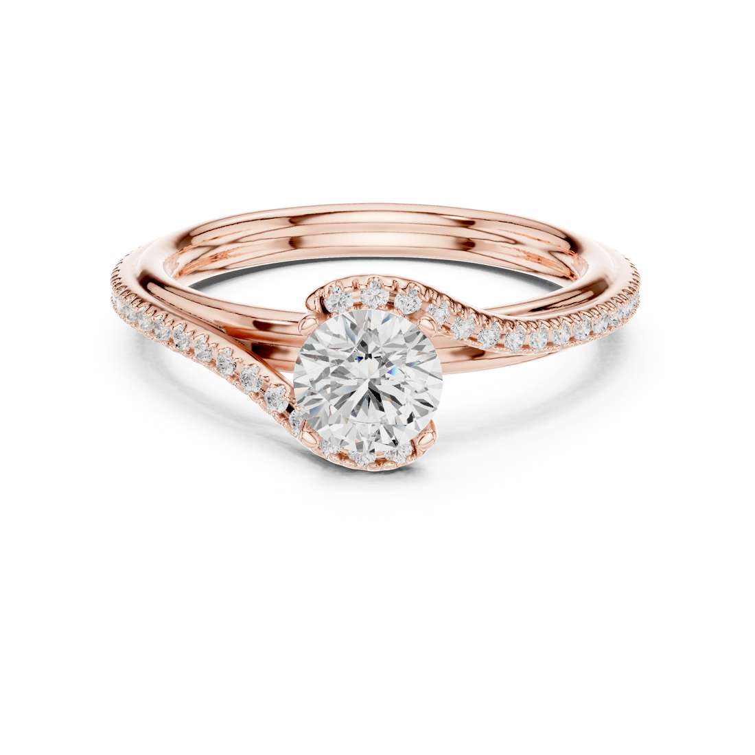 Round Brilliant Diamond Twist Pavé Solitaire Engagement Ring Elegant Wave