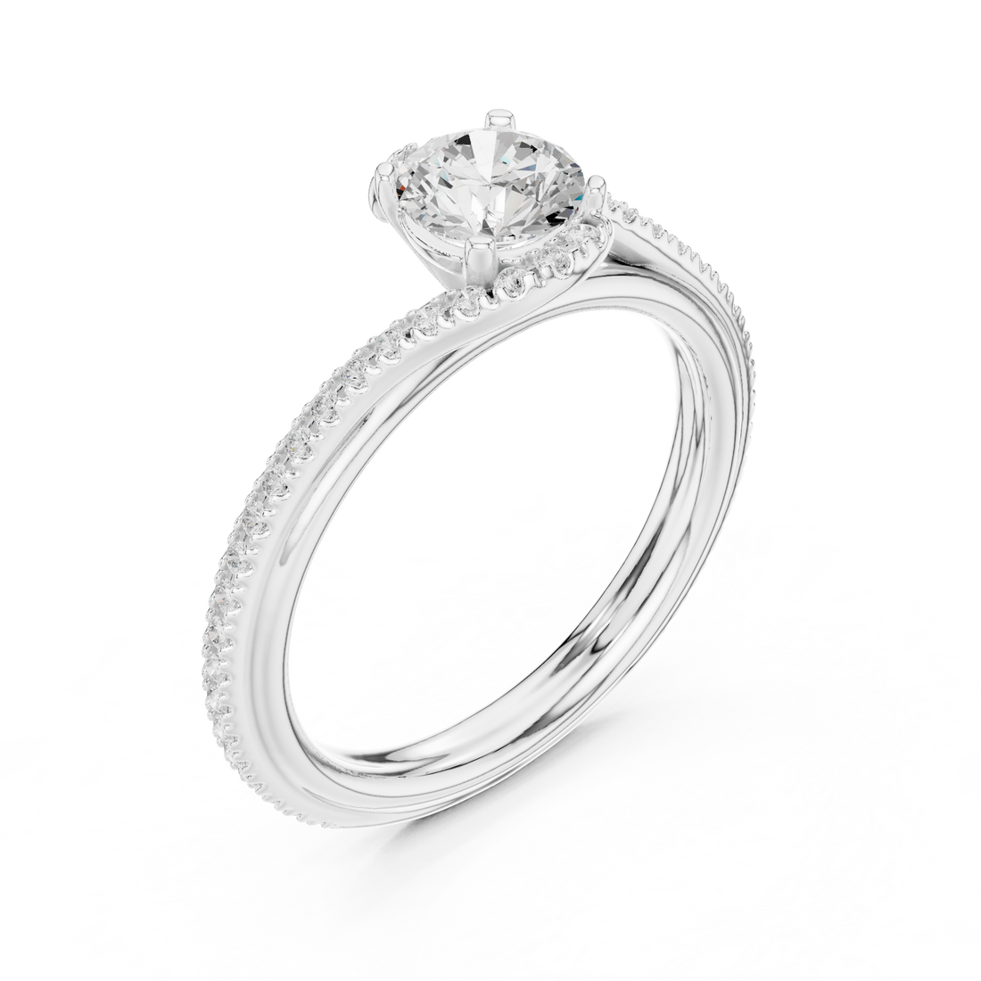 Round Brilliant Diamond Twist Pavé Solitaire Engagement Ring Elegant Wave