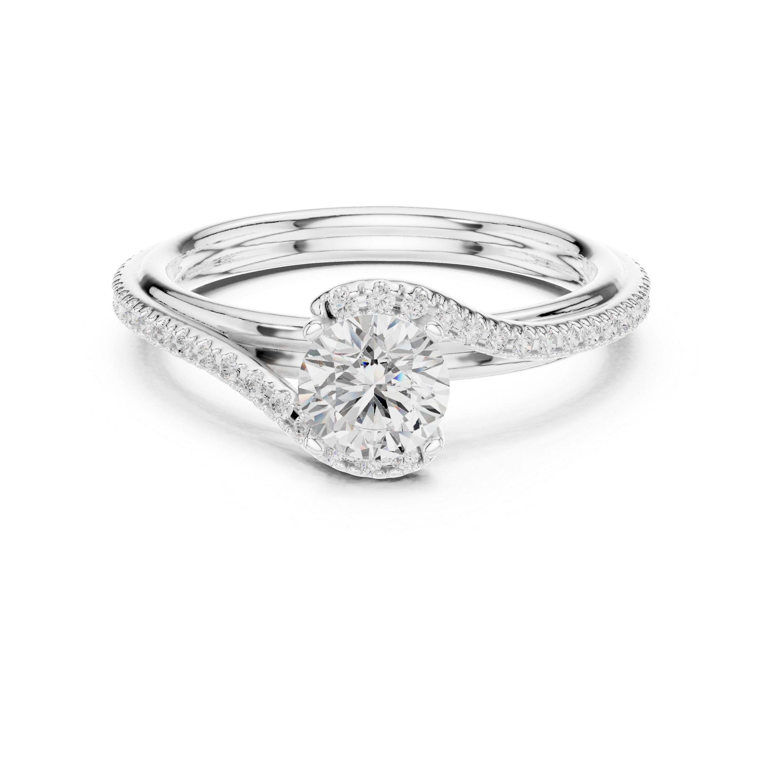 Round Brilliant Diamond Twist Pavé Solitaire Engagement Ring Elegant Wave