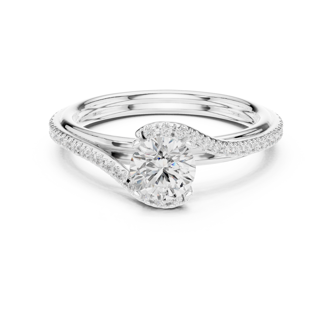 Round Brilliant Diamond Twist Pavé Solitaire Engagement Ring Elegant Wave