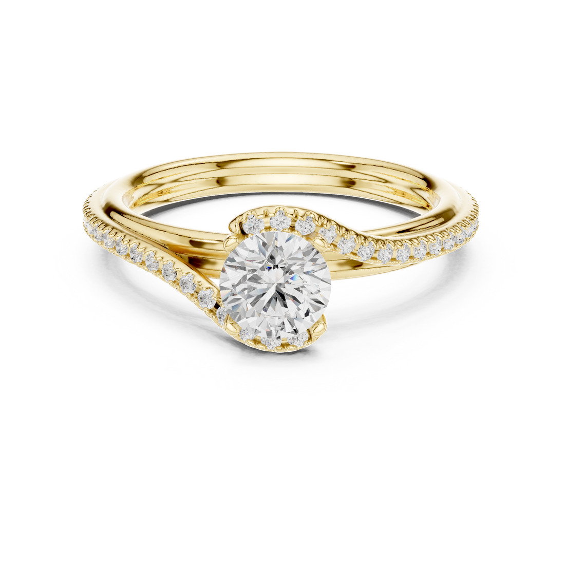 Round Brilliant Diamond Twist Pavé Solitaire Engagement Ring Elegant Wave