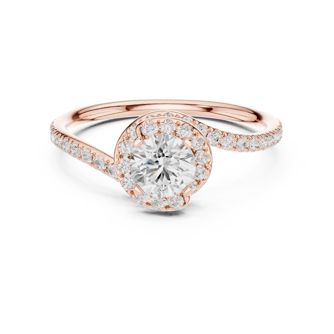 Round Brilliant Diamond Halo Twist Pavé Engagement Ring with Split Shank Elegance