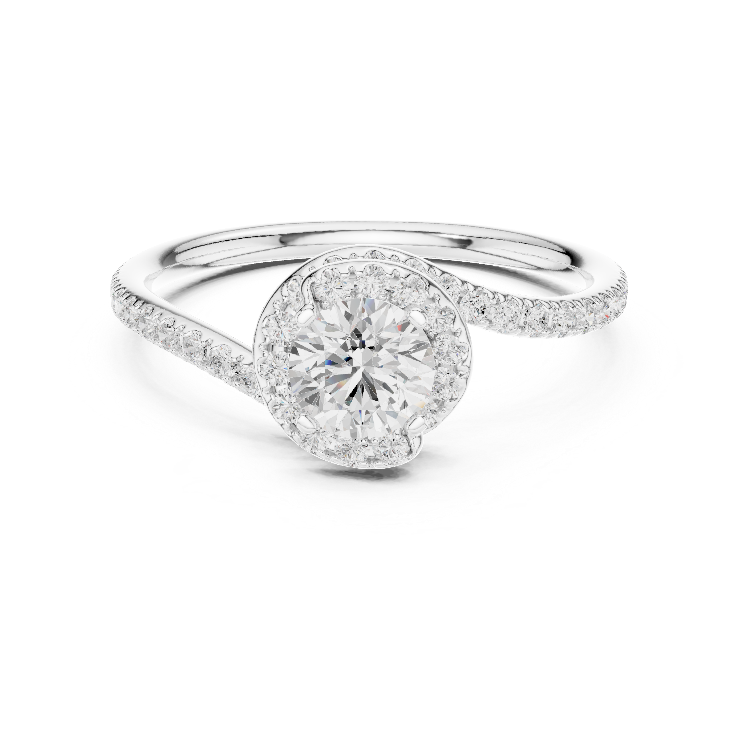Round Brilliant Diamond Halo Twist Pavé Engagement Ring with Split Shank Elegance