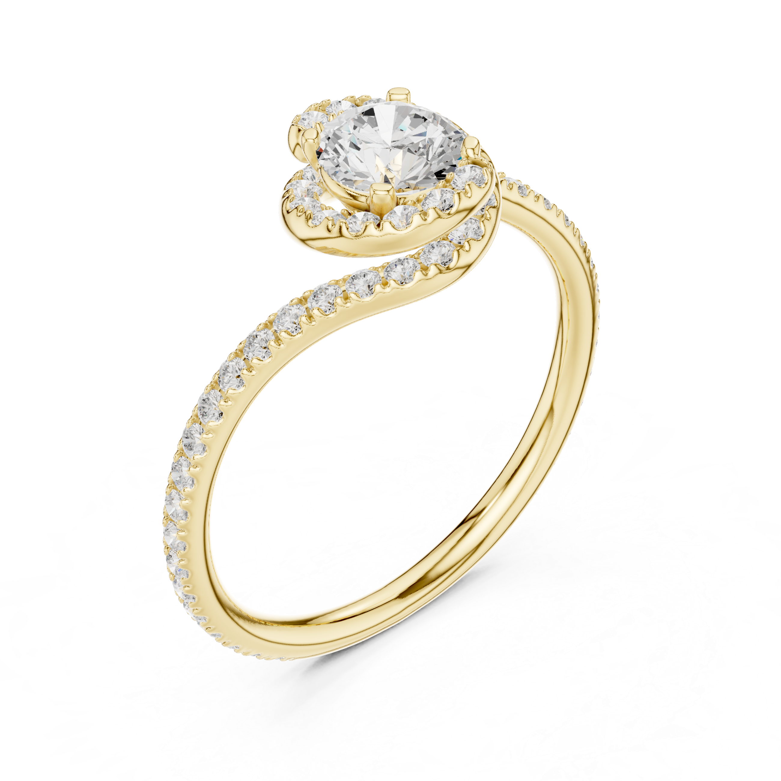 Round Brilliant Diamond Halo Twist Pavé Engagement Ring with Split Shank Elegance