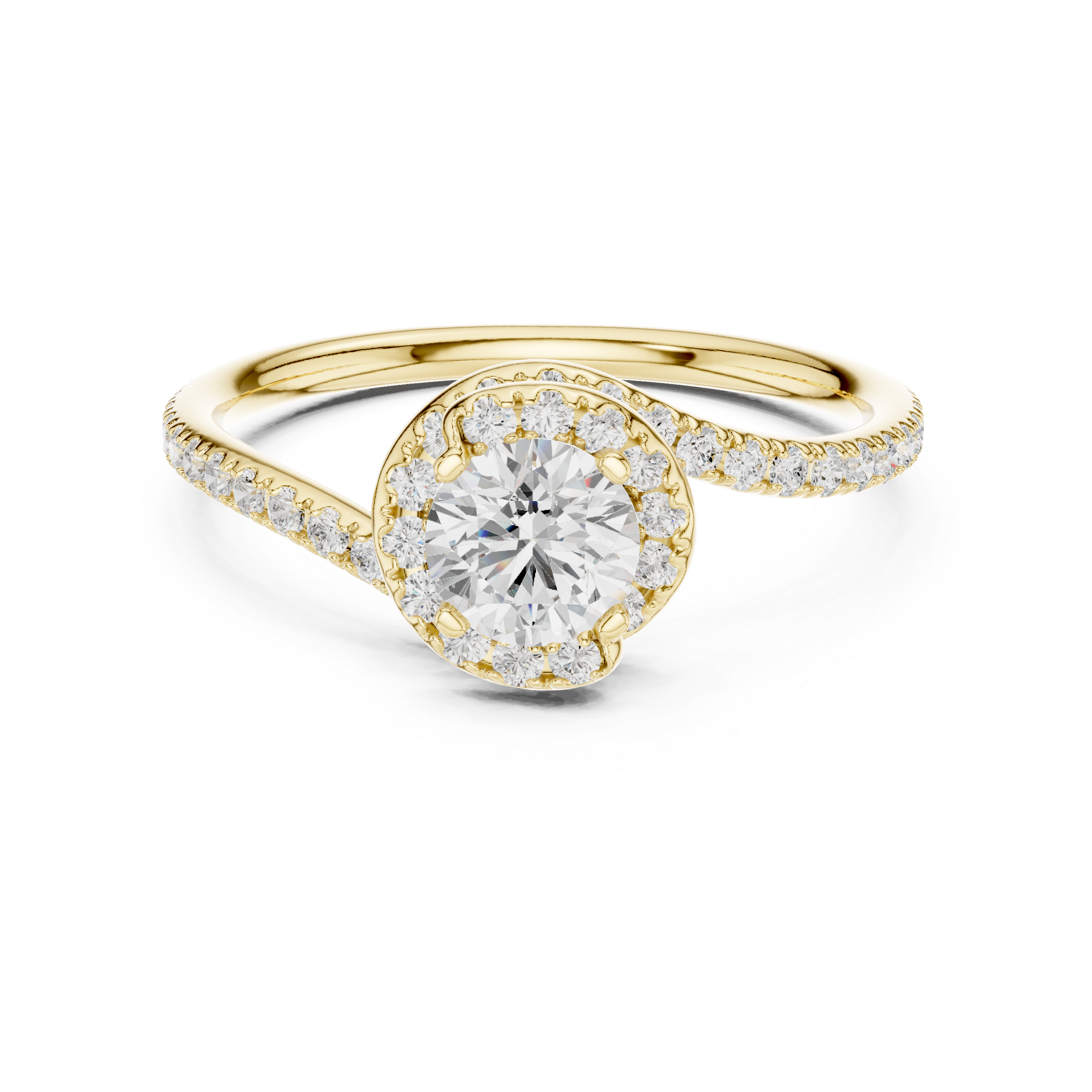 Round Brilliant Diamond Halo Twist Pavé Engagement Ring with Split Shank Elegance