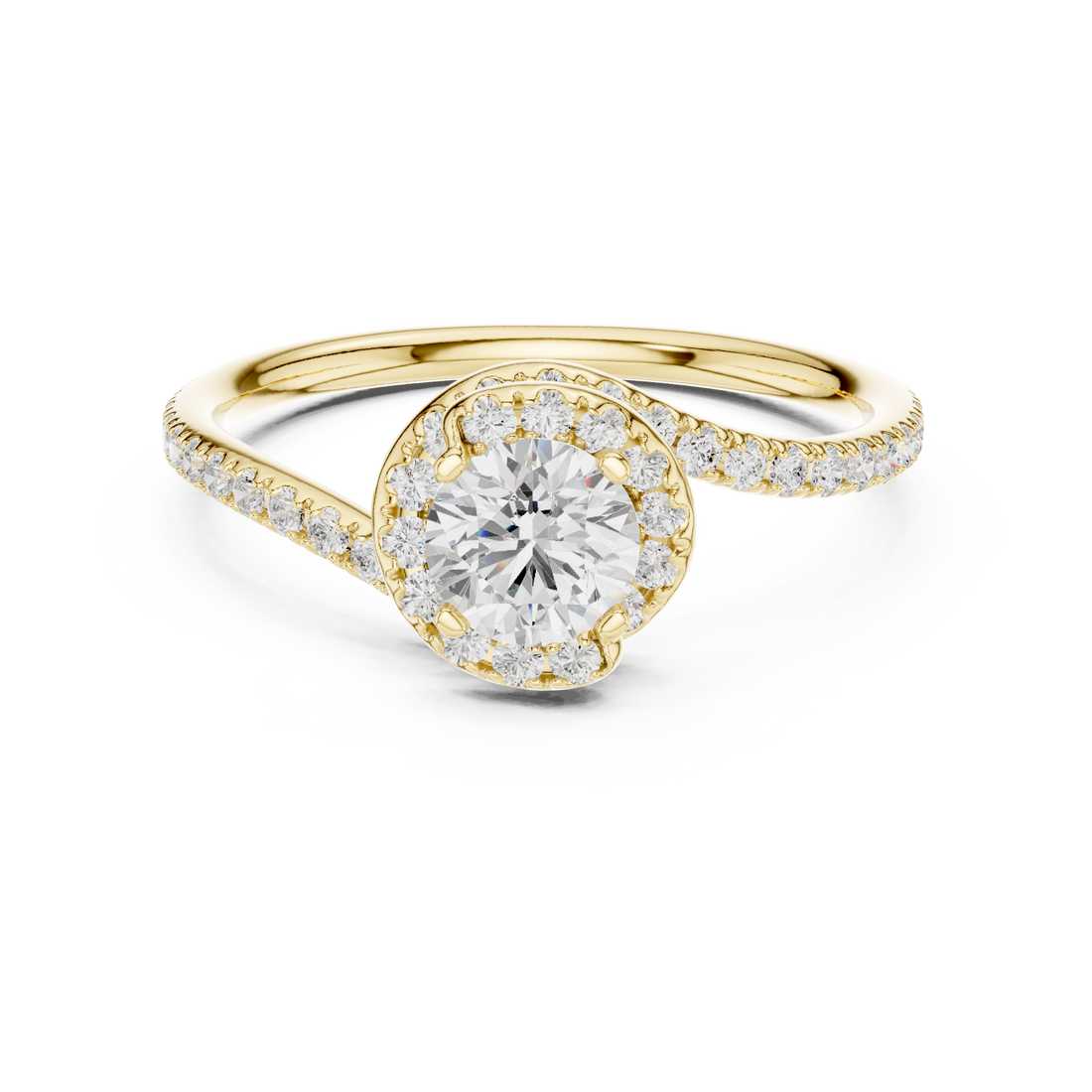 Round Brilliant Diamond Halo Twist Pavé Engagement Ring with Split Shank Elegance