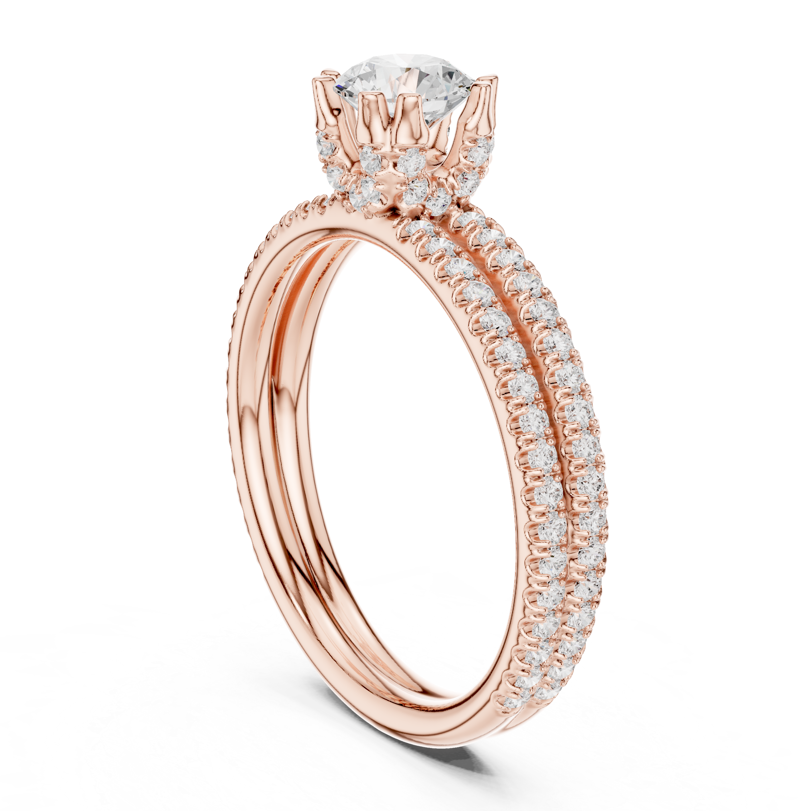 Round Brilliant Diamond Solitaire with Double Pavé Band Engagement Ring