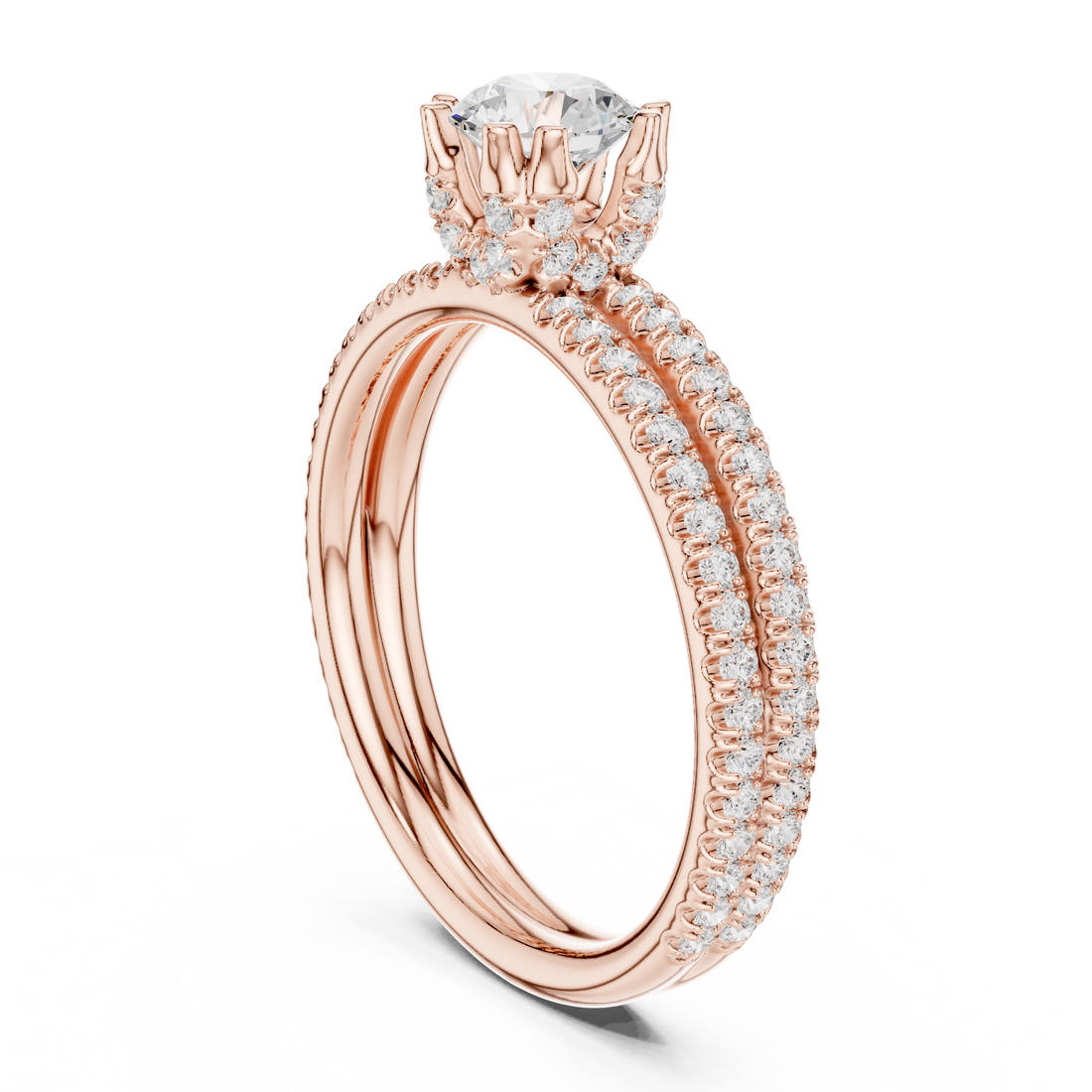 Round Brilliant Diamond Solitaire with Double Pavé Band Engagement Ring