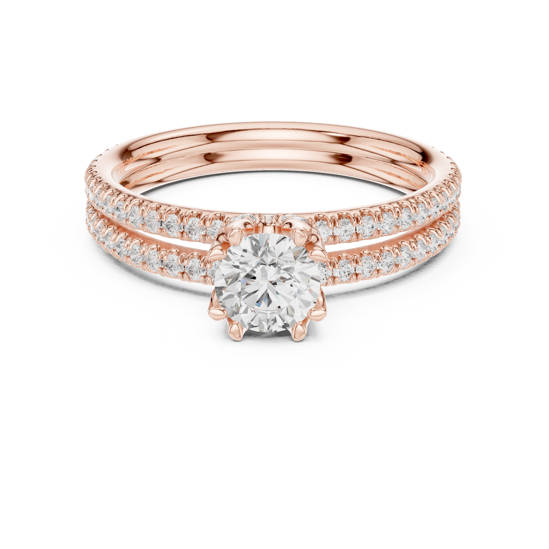 Round Brilliant Diamond Solitaire with Double Pavé Band Engagement Ring