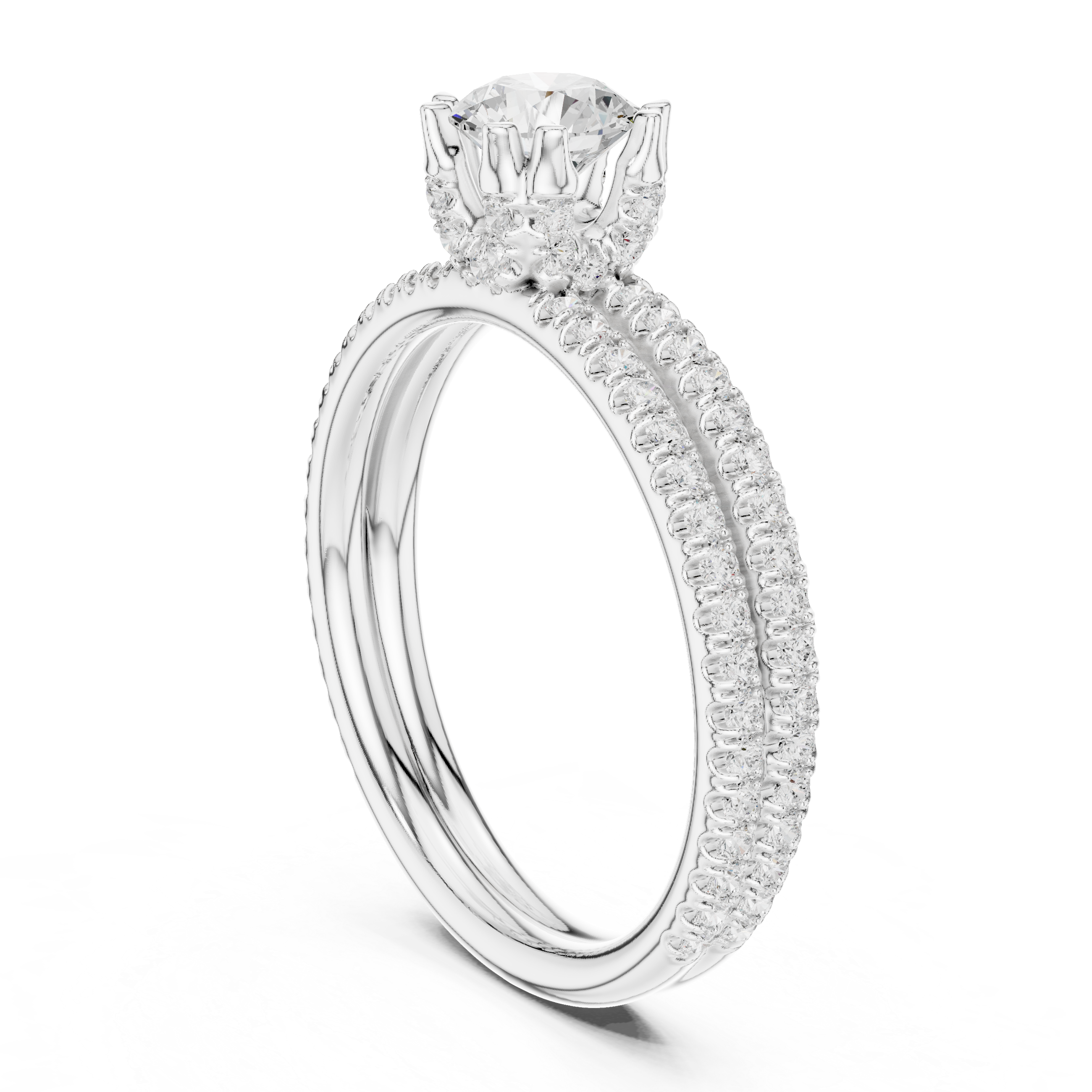 Round Brilliant Diamond Solitaire with Double Pavé Band Engagement Ring