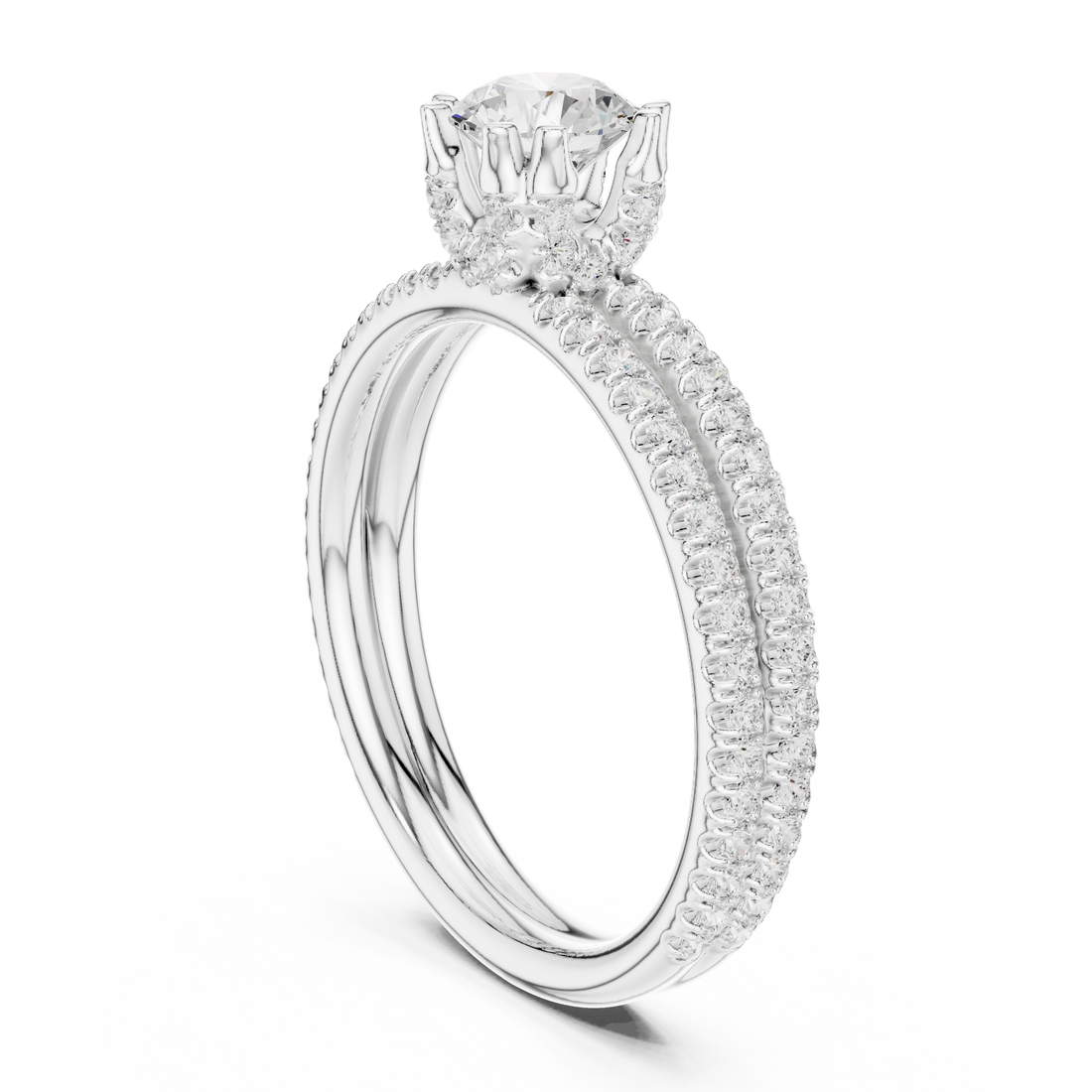 Round Brilliant Diamond Solitaire with Double Pavé Band Engagement Ring