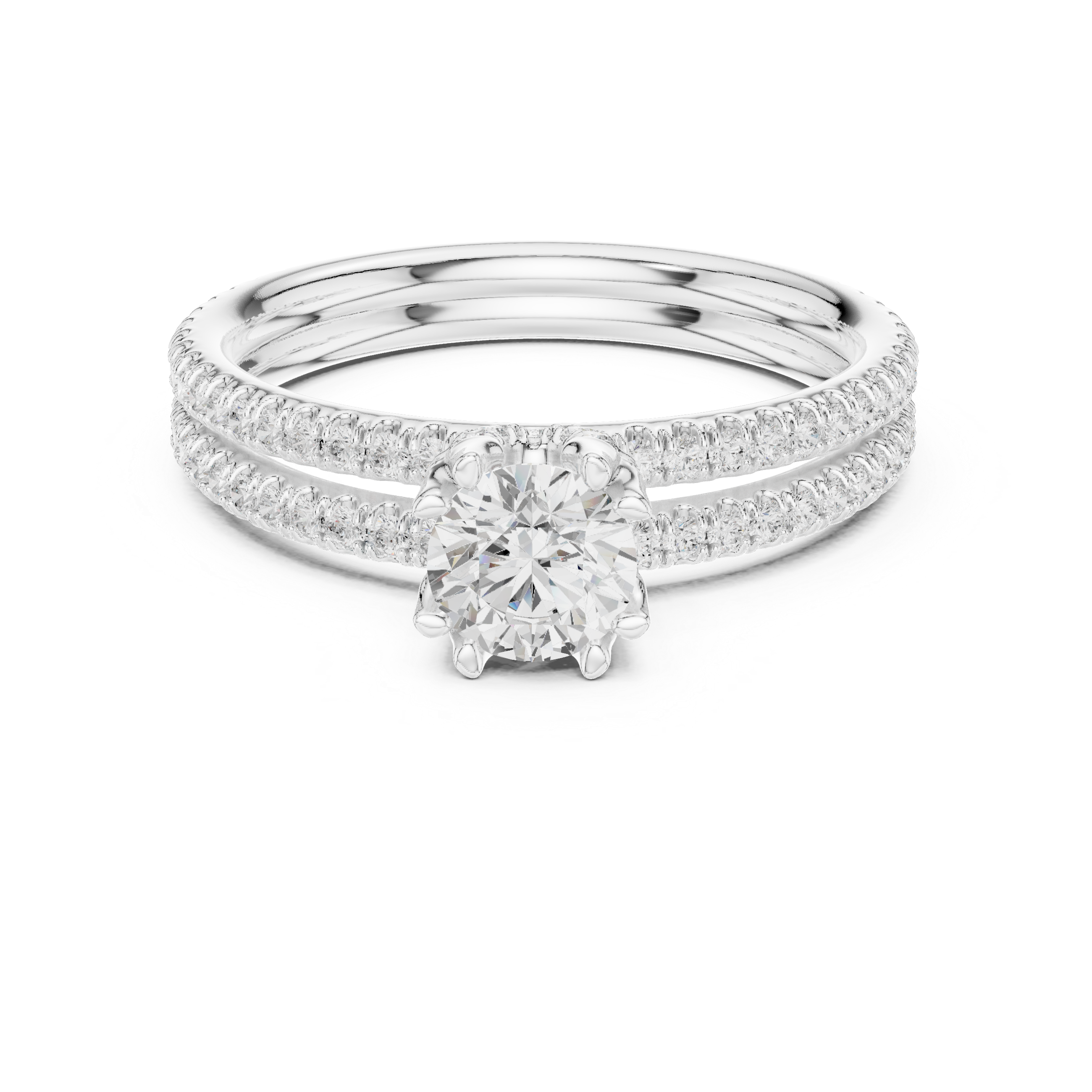 Round Brilliant Diamond Solitaire with Double Pavé Band Engagement Ring