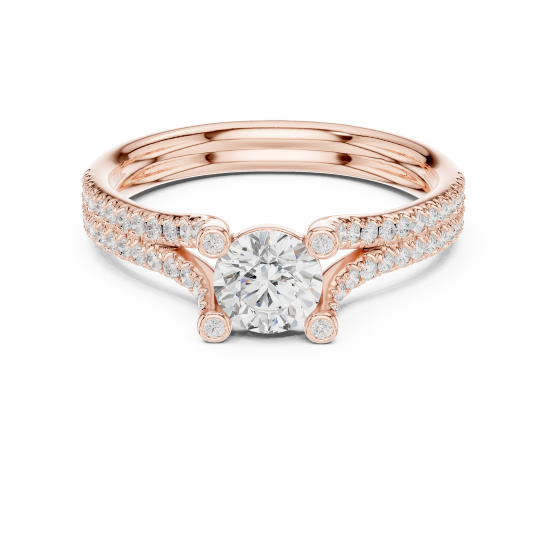 Round Brilliant Diamond Split Shank Pavé Engagement Ring with Cathedral Side Stones
