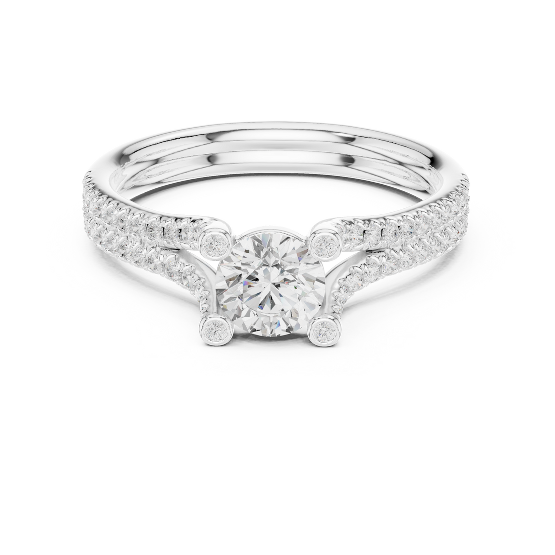 Round Brilliant Diamond Split Shank Pavé Engagement Ring with Cathedral Side Stones