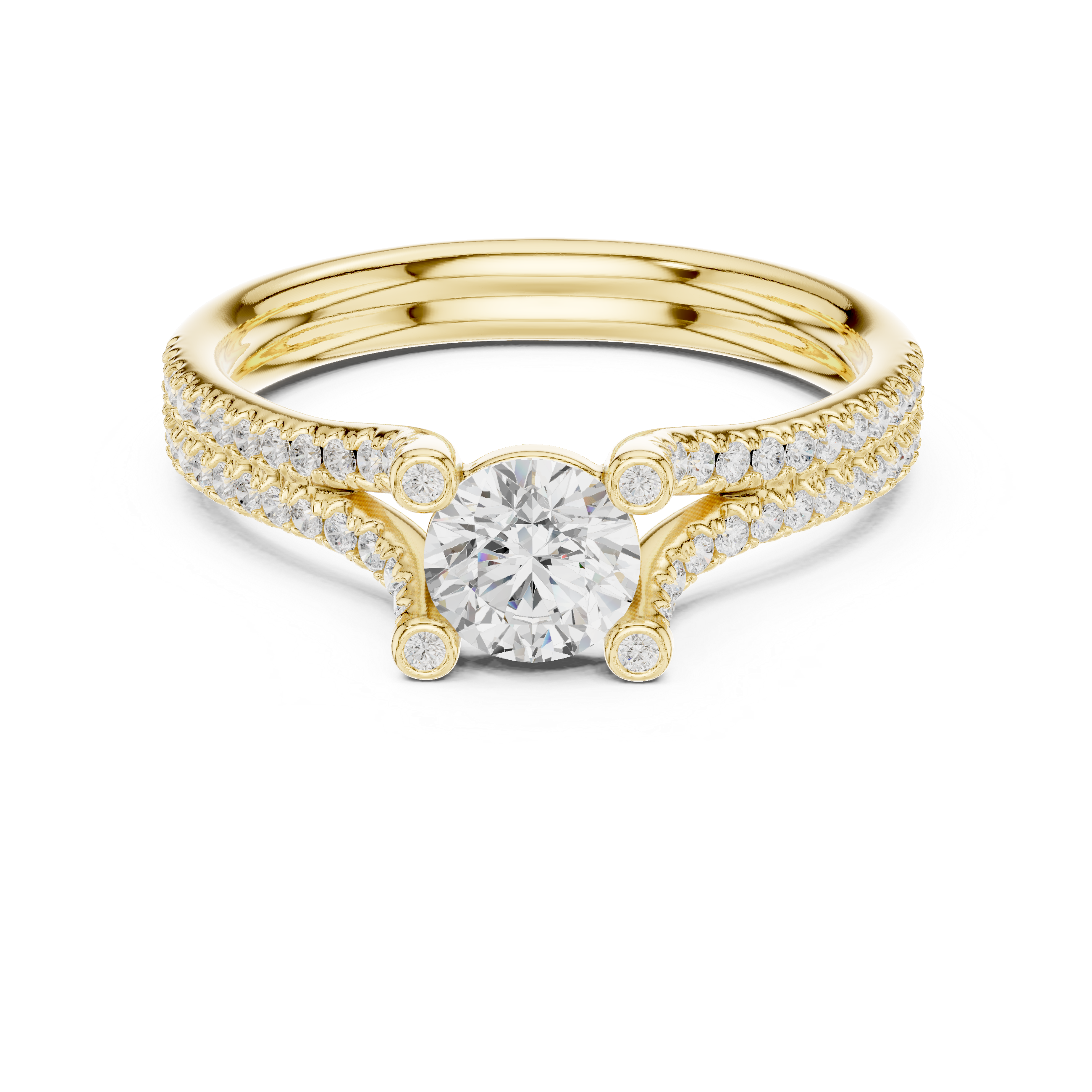 Round Brilliant Diamond Split Shank Pavé Engagement Ring with Cathedral Side Stones